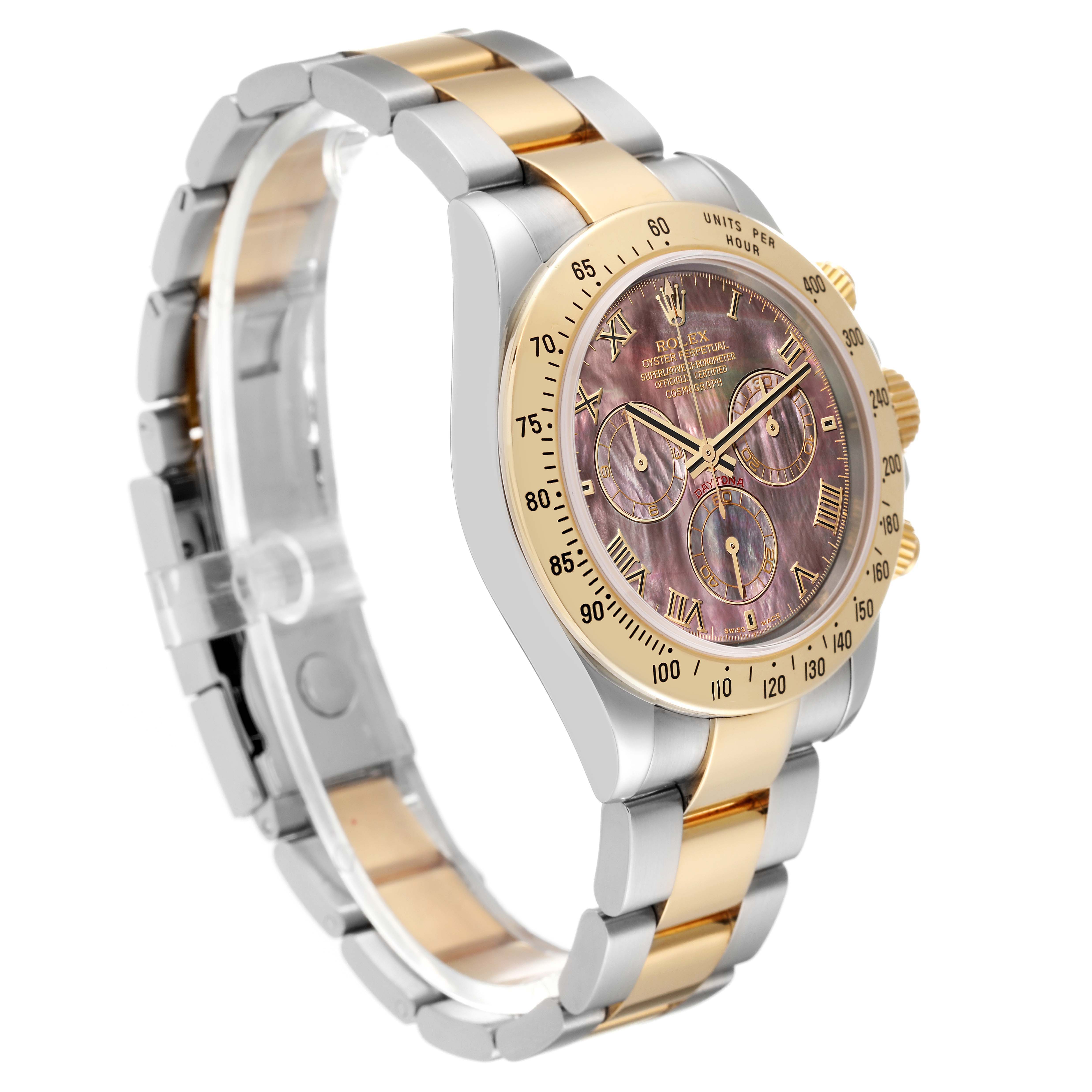 The Rolex Daytona 116523 Men's Steel and Gold (two tone) Mother of Pearl Dial 116523 Men's Steel and Gold (two tone) Mother of Pearl Dial watch is shown at a three-quarter angle, highlighting its dial, bezel, and two-tone bracelet.