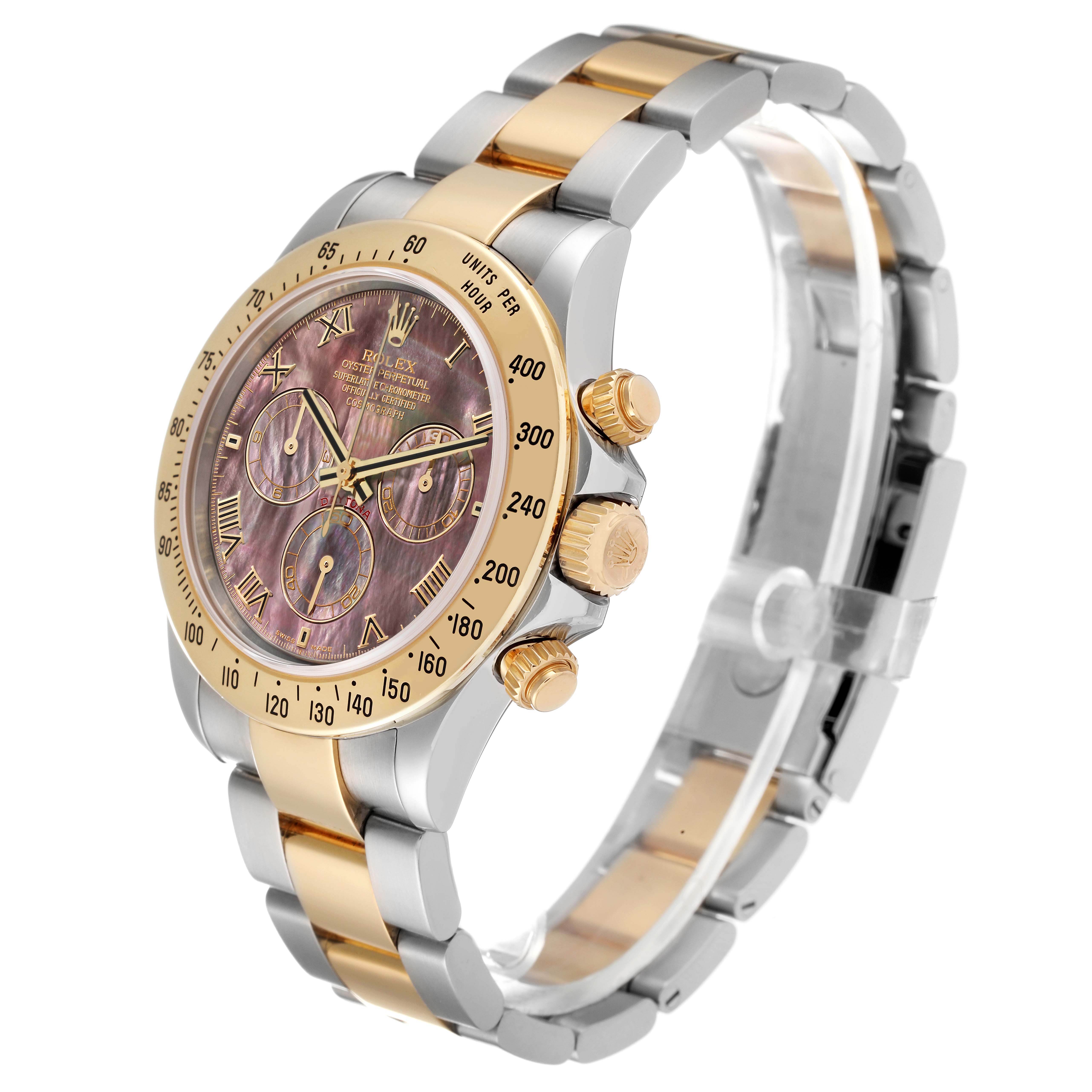 This image shows a side-angled view of a Rolex Daytona 116523 Men's Steel and Gold (two tone) Mother of Pearl Dial 116523 Men's Steel and Gold (two tone) Mother of Pearl Dial watch, displaying the face, bezel, crown, pushers, and bracelet.