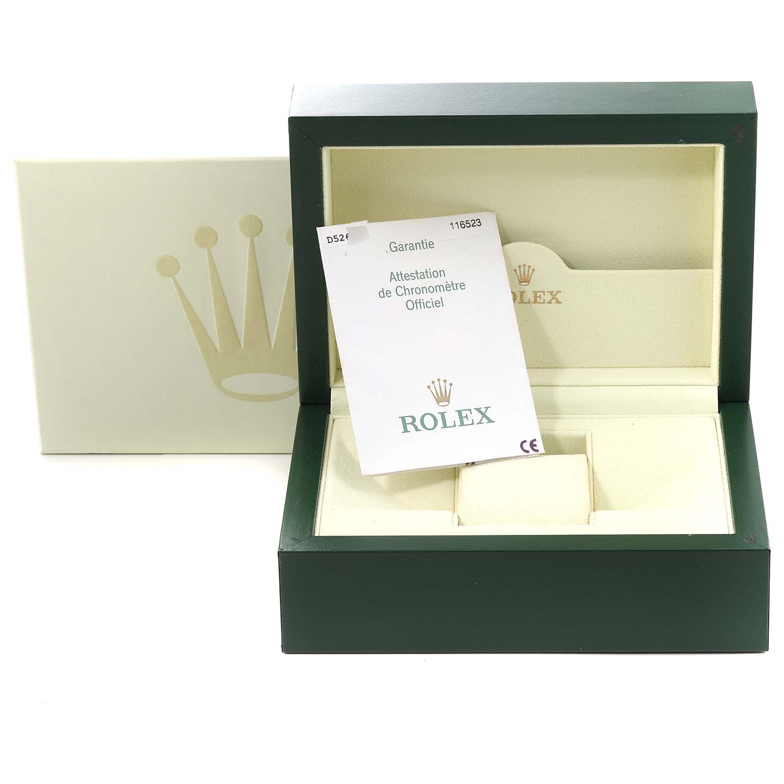 The image shows a Rolex watch box with documentation, intended for the Daytona model, viewed from a front angle.