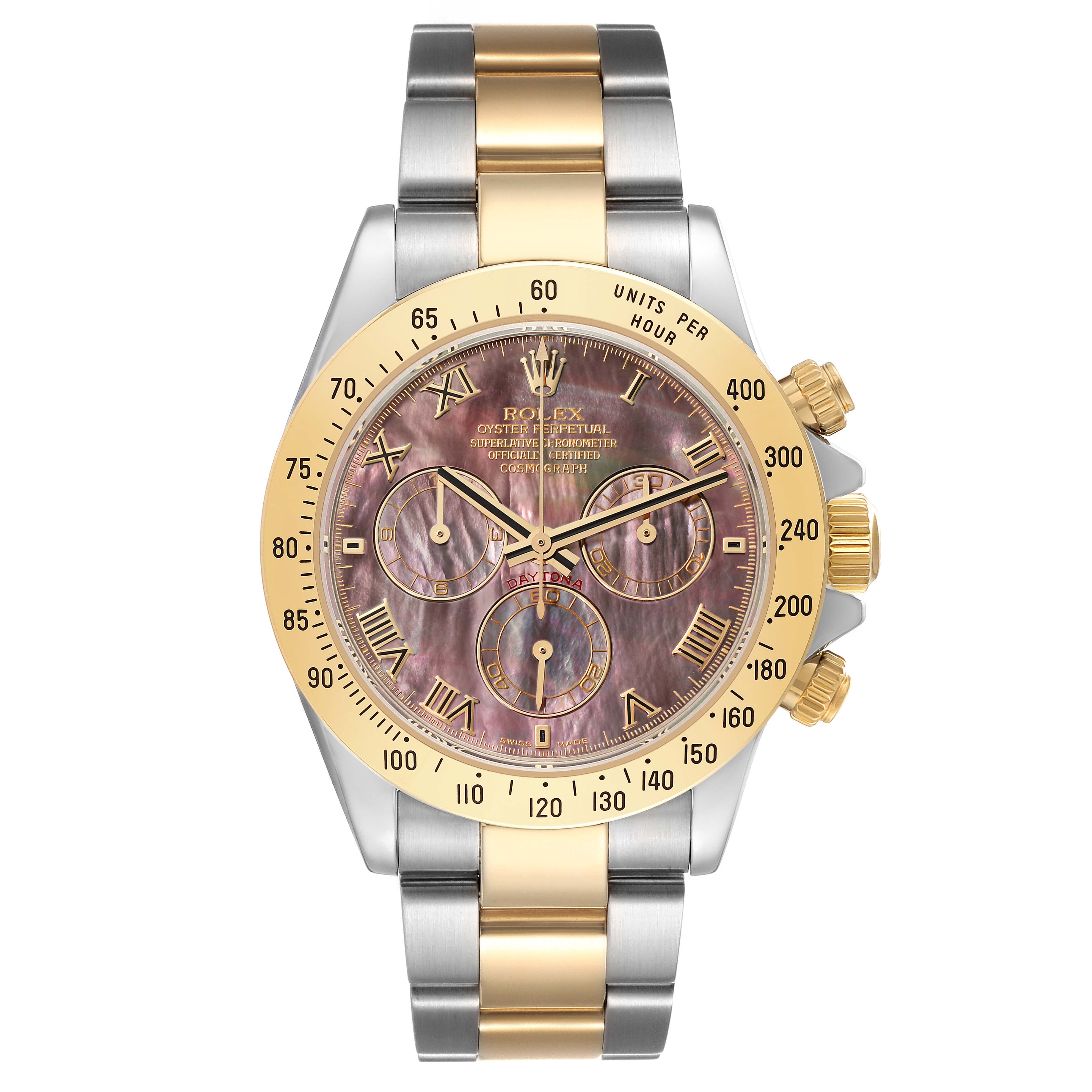 This image shows a frontal view of a Rolex Daytona 116523 Men's Steel and Gold (two tone) Mother of Pearl Dial 116523 Men's Steel and Gold (two tone) Mother of Pearl Dial watch with a two-tone bracelet and gold bezel.