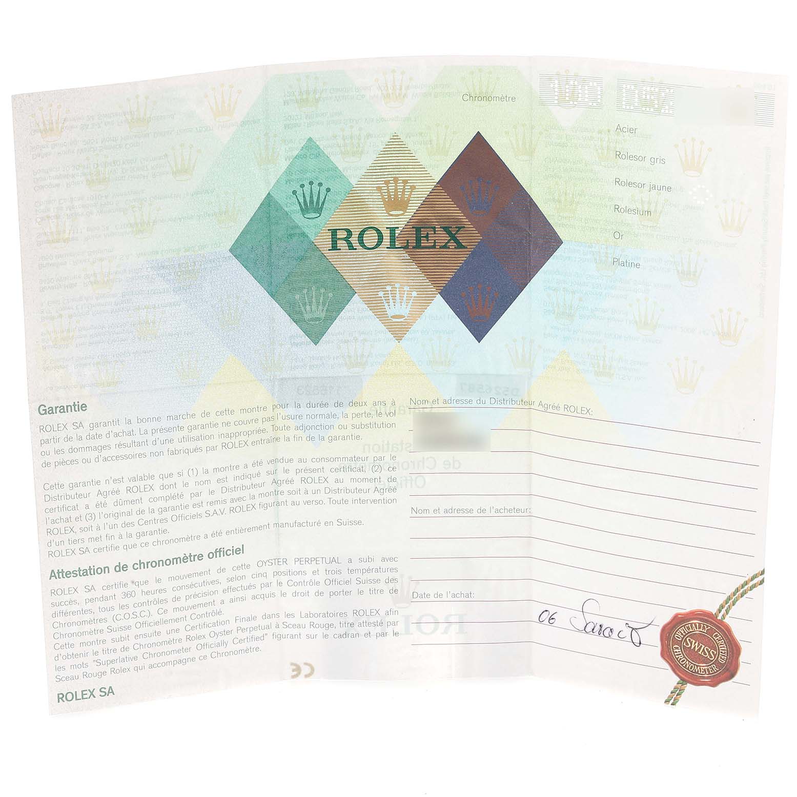 This image shows the warranty card and certification document for a Rolex Daytona 116523 Men's Steel and Gold (two tone) Mother of Pearl Dial 116523 Men's Steel and Gold (two tone) Mother of Pearl Dial watch.