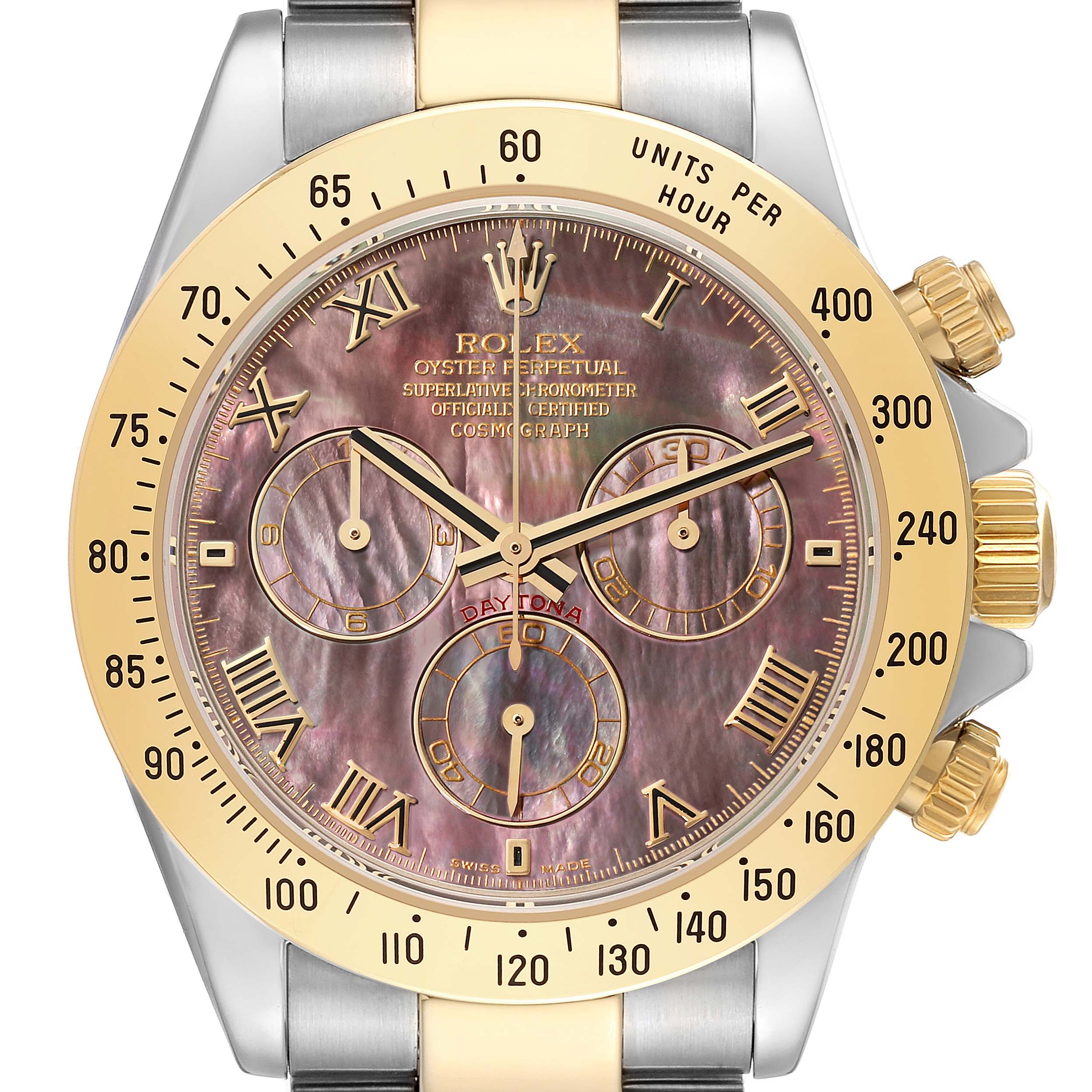 This image shows a Rolex Daytona 116523 Men's Steel and Gold (two tone) Mother of Pearl Dial 116523 Men's Steel and Gold (two tone) Mother of Pearl Dial watch from a front angle, highlighting the dial, bezel, and crown.