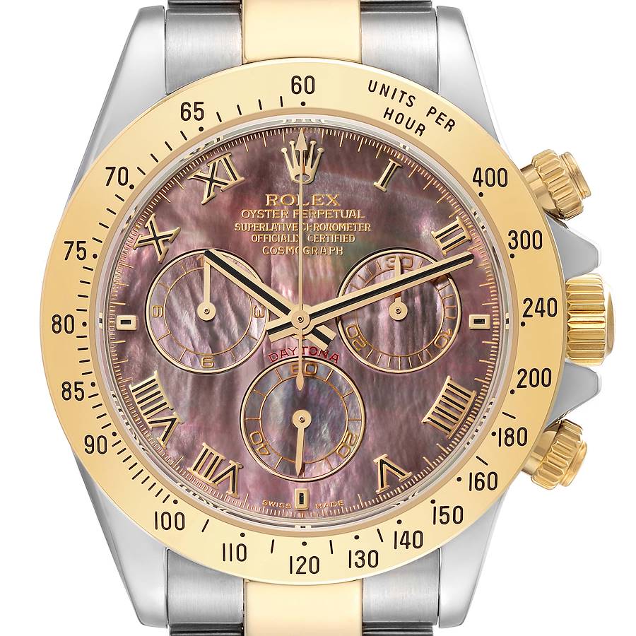 Rolex Daytona Yellow Gold Steel Mother of Pearl Mens Watch 116523 Box Papers SwissWatchExpo