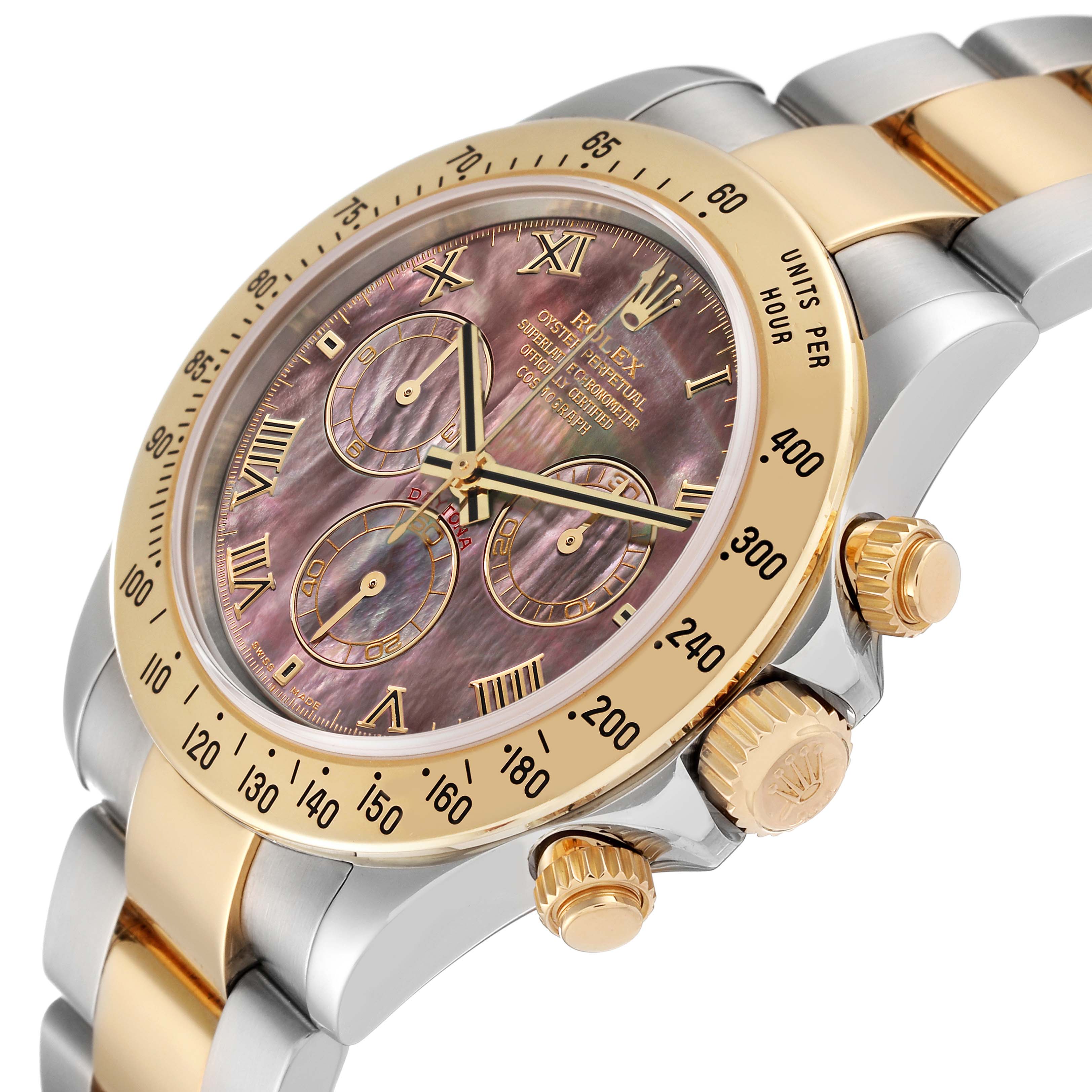 The image shows a close-up angle of a Rolex Daytona 116523 Men's Steel and Gold (two tone) Mother of Pearl Dial 116523 Men's Steel and Gold (two tone) Mother of Pearl Dial watch, highlighting its bezel, dial, and part of its bracelet.