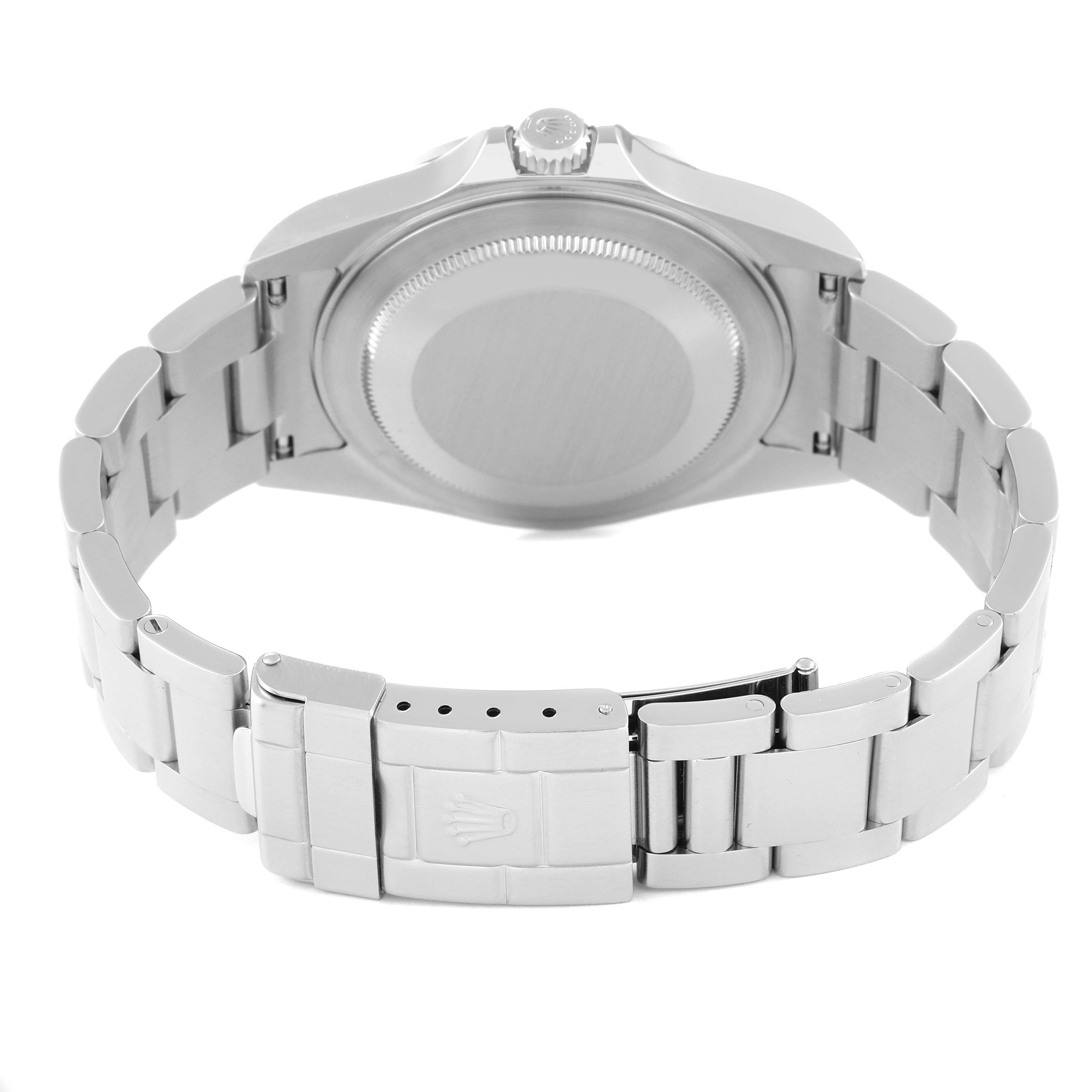 This image shows the back view of the Rolex Explorer 16570 Men
s Stainless Steel Black Dial 16570 Men
s Stainless Steel Black Dial watch, highlighting the case back and bracelet.