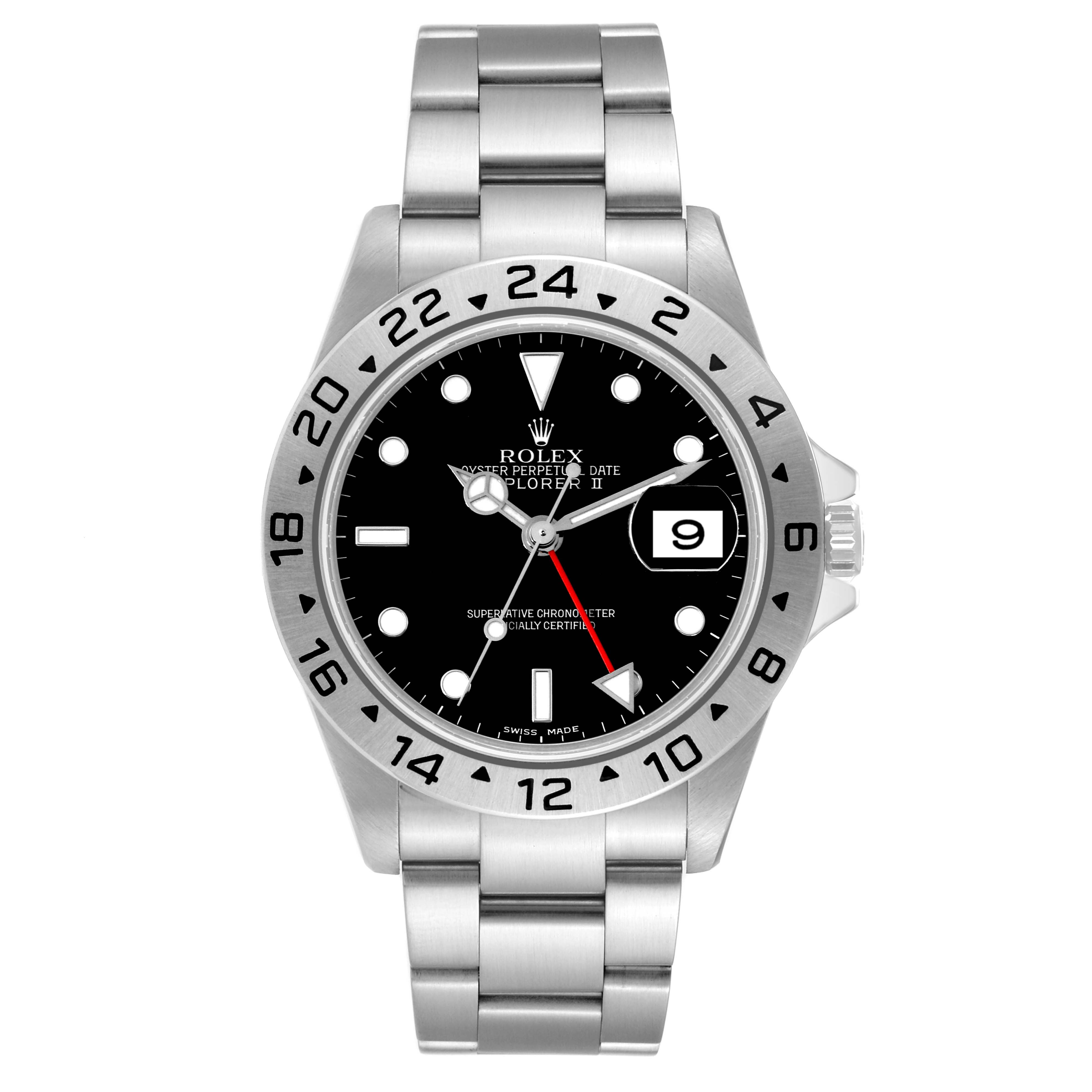 The image shows a front view of the Rolex Explorer 16570 Men
s Stainless Steel Black Dial 16570 Men
s Stainless Steel Black Dial watch, displaying the dial, hands, date window, bezel, and bracelet.
