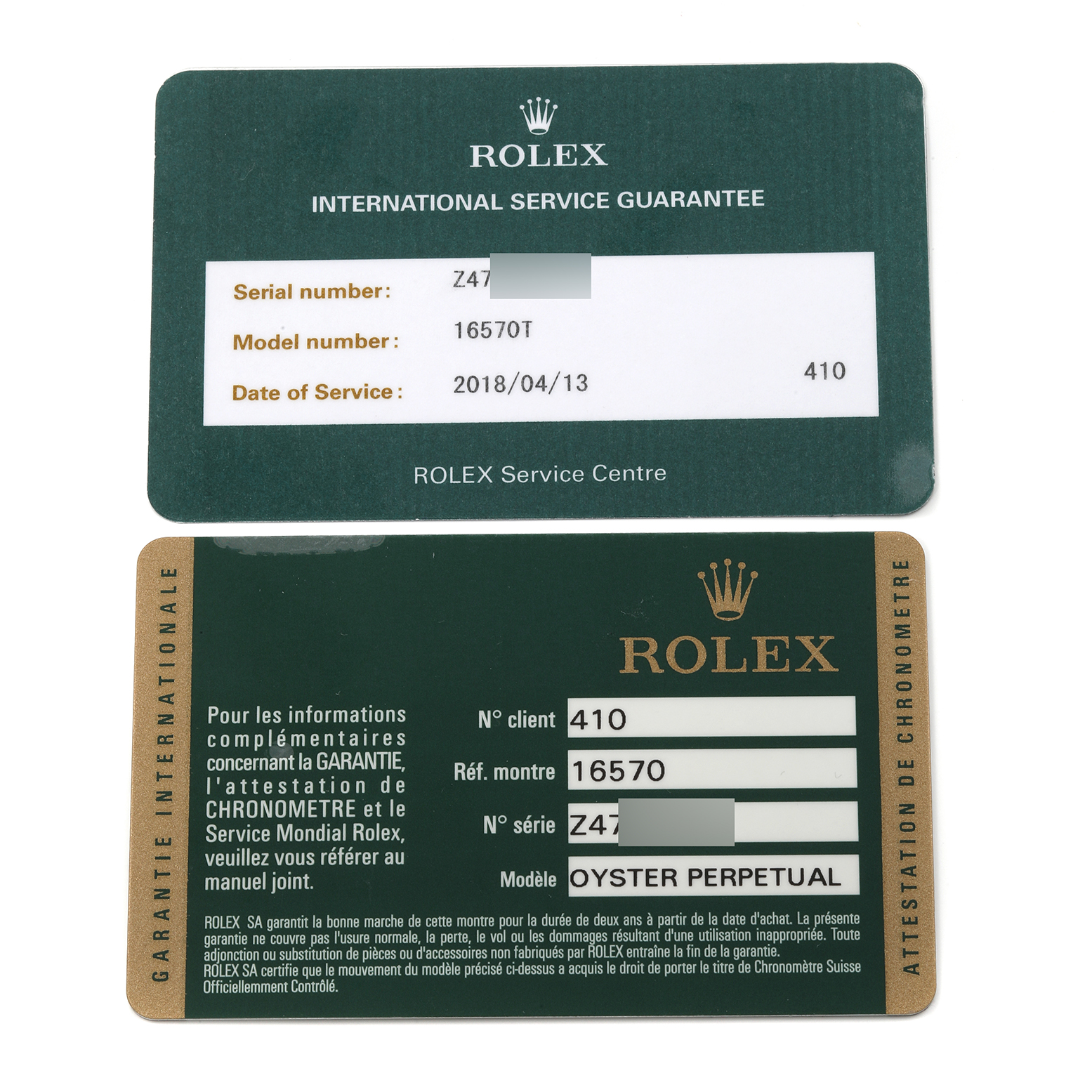 The image shows two Rolex cards for the Explorer model, detailing the serial number, model number, and service and warranty information.