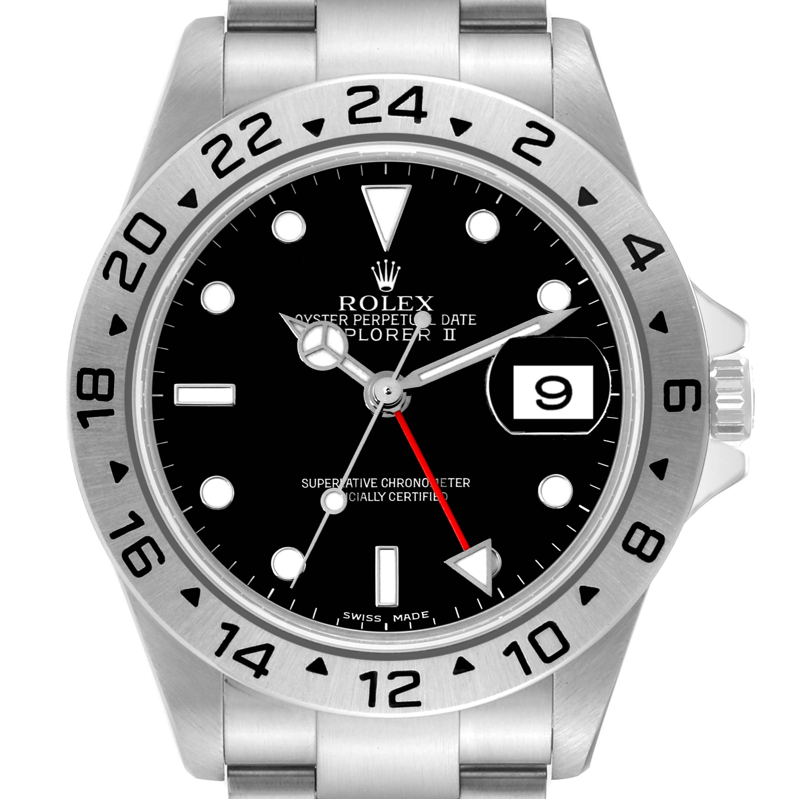 The image shows the front view of the Rolex Explorer 16570 Men
s Stainless Steel Black Dial 16570 Men
s Stainless Steel Black Dial watch, highlighting the face, bezel, and part of the bracelet.
