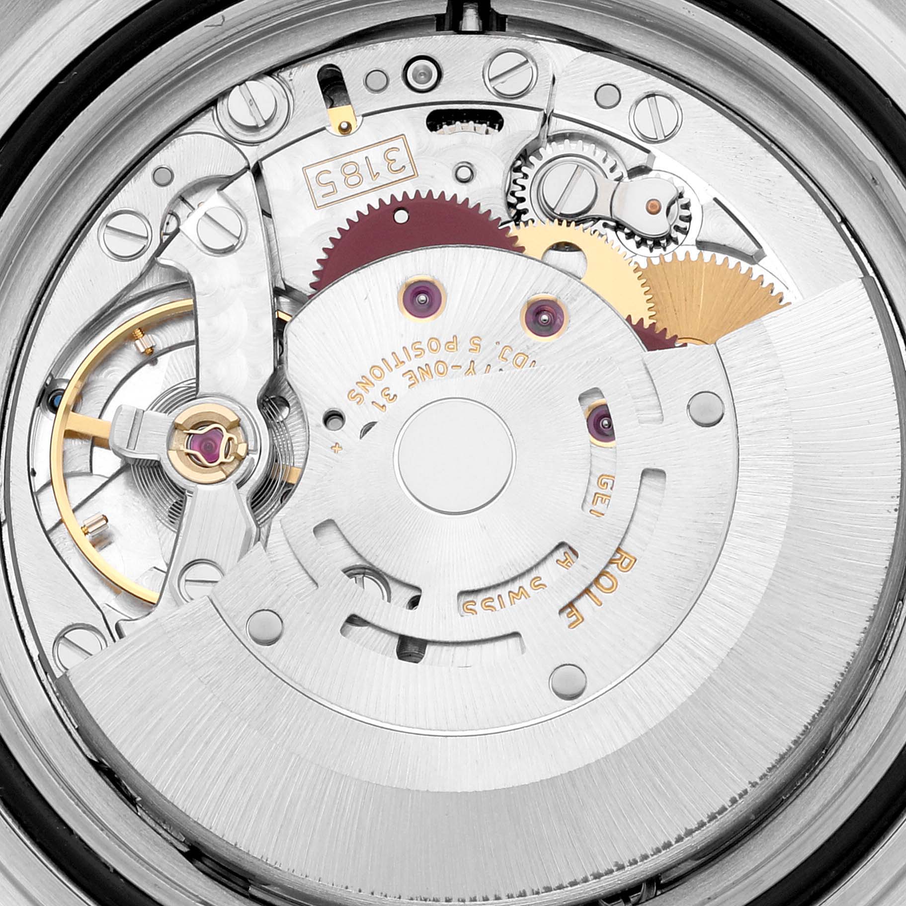 This image shows the intricate movement mechanism of a Rolex Explorer 16570 Men
s Stainless Steel Black Dial 16570 Men
s Stainless Steel Black Dial watch from a rear angle.