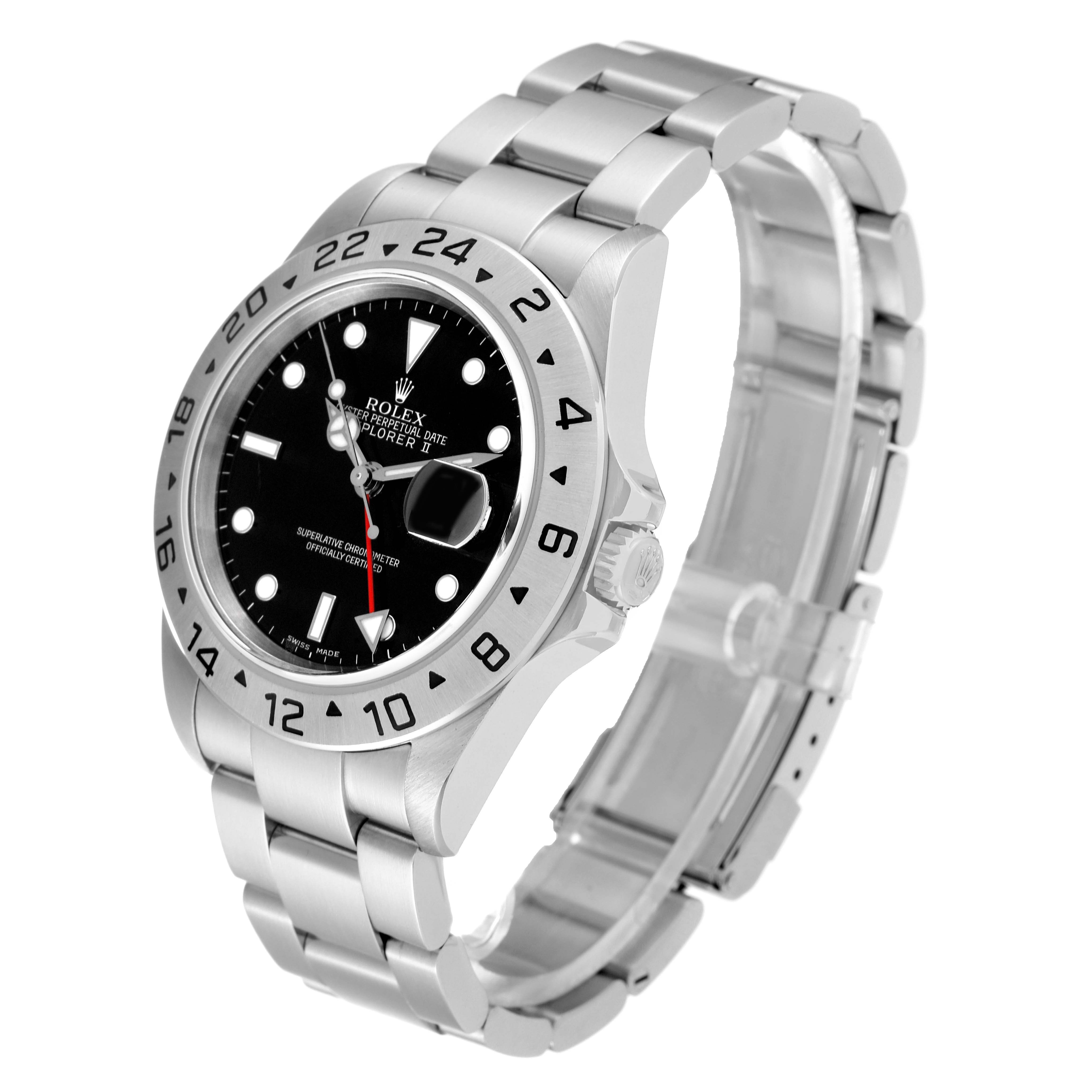 The image shows a side angle of a Rolex Explorer 16570 Men
s Stainless Steel Black Dial 16570 Men
s Stainless Steel Black Dial watch, highlighting the face, bezel, crown, and bracelet.