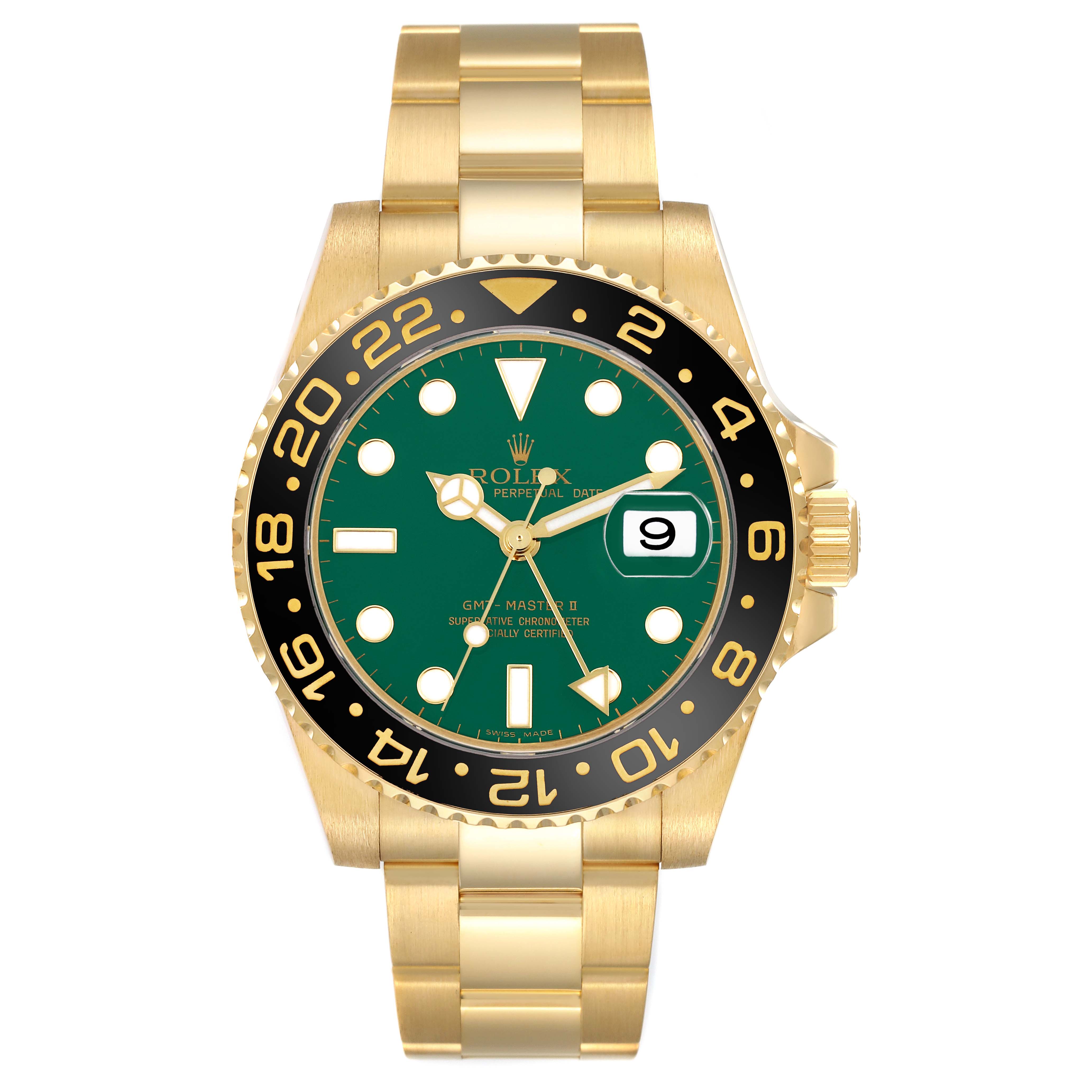 The Rolex GMT-Master 116718LN Men's Yellow Gold Green Dial 116718LN Men's Yellow Gold Green Dial watch is shown from a front angle, displaying its face, bezel, and bracelet.