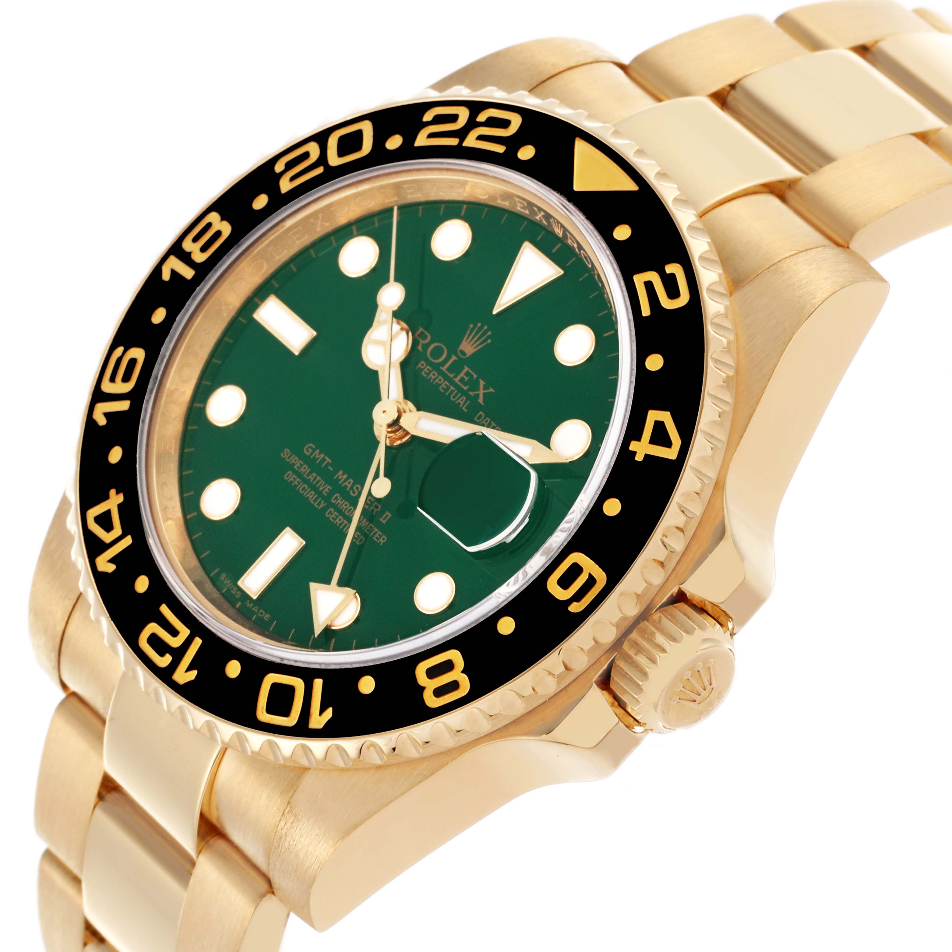 The Rolex GMT-Master 116718LN Men's Yellow Gold Green Dial 116718LN Men's Yellow Gold Green Dial watch is shown at a three-quarter angle, highlighting the green dial, bezel, and part of the gold bracelet.