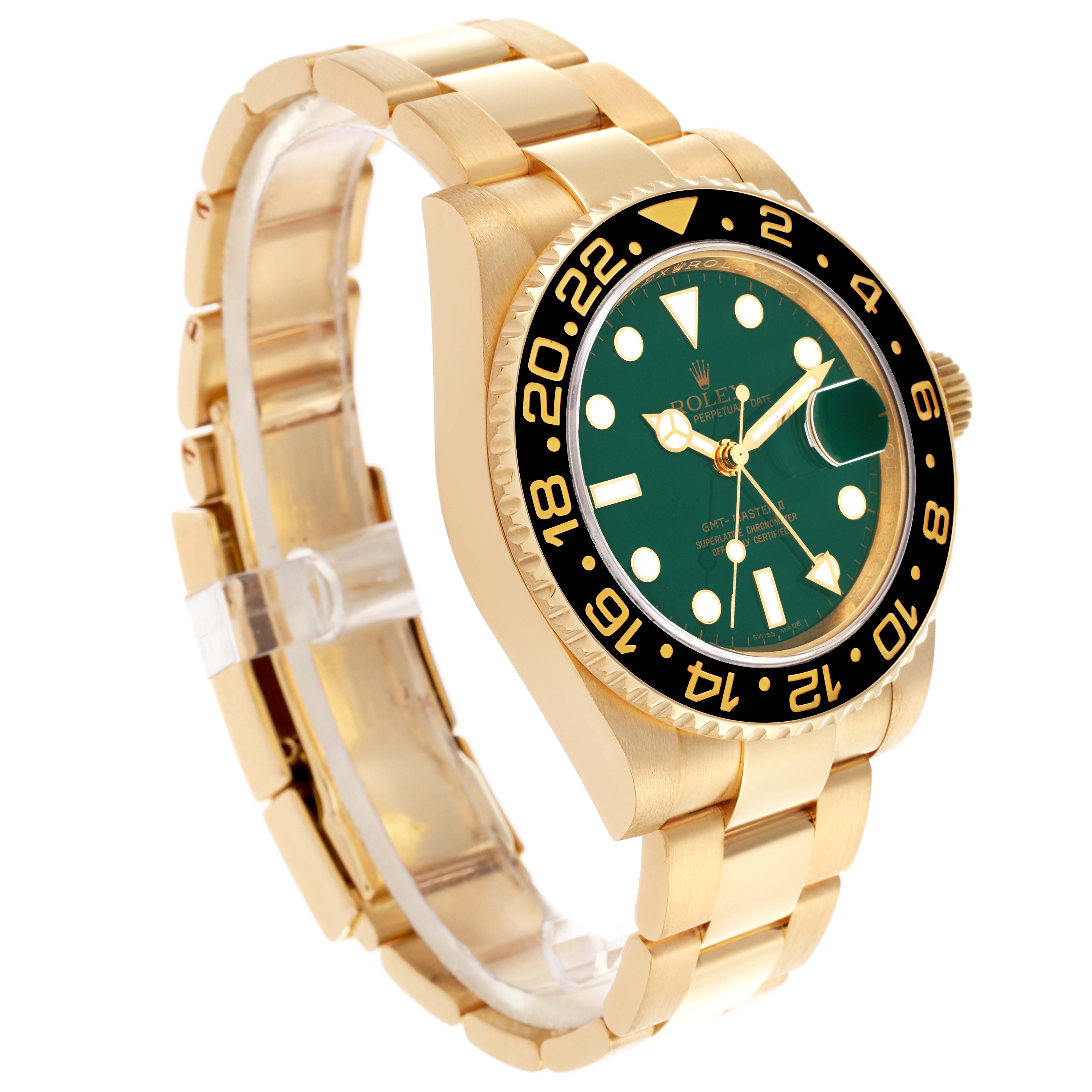 The Rolex GMT-Master 116718LN Men's Yellow Gold Green Dial 116718LN Men's Yellow Gold Green Dial watch is shown at a three-quarter view, displaying the bezel, dial, and gold bracelet.