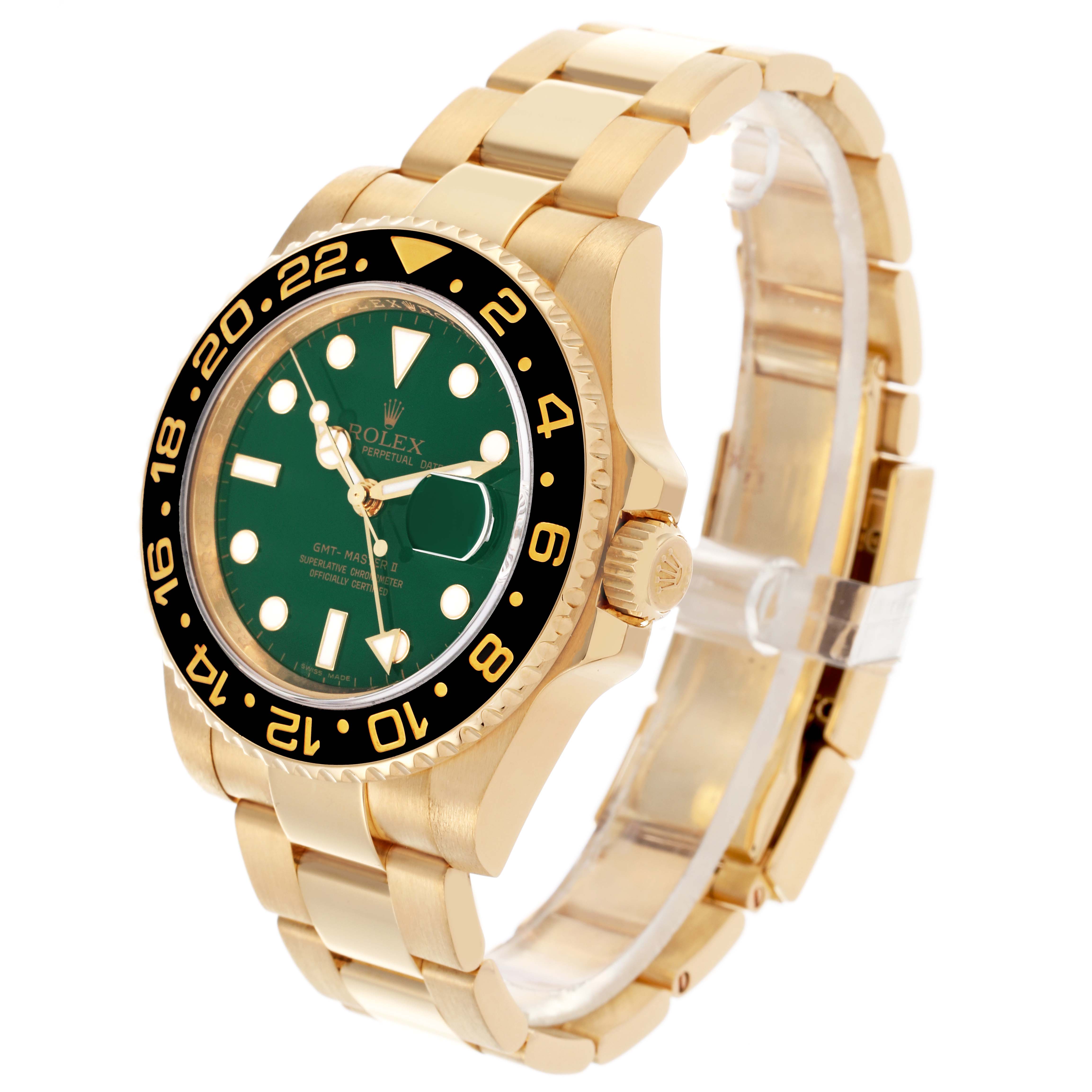 The Rolex GMT-Master 116718LN Men's Yellow Gold Green Dial 116718LN Men's Yellow Gold Green Dial watch is shown at a three-quarter angle, highlighting the bezel, dial, crown, and bracelet.
