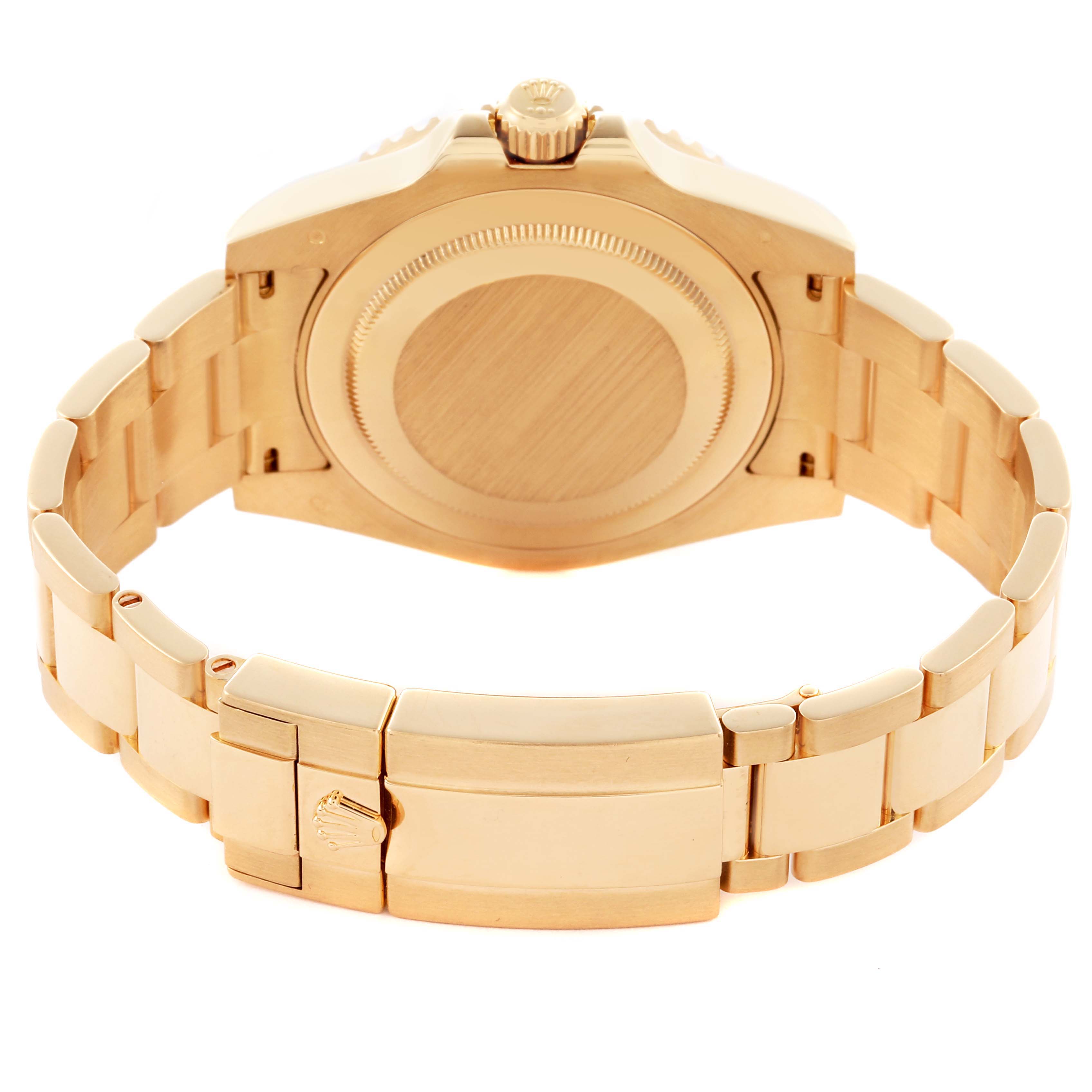 The image shows the back and bracelet of a Rolex GMT-Master 116718LN Men's Yellow Gold Green Dial 116718LN Men's Yellow Gold Green Dial, focused on the clasp and case back.