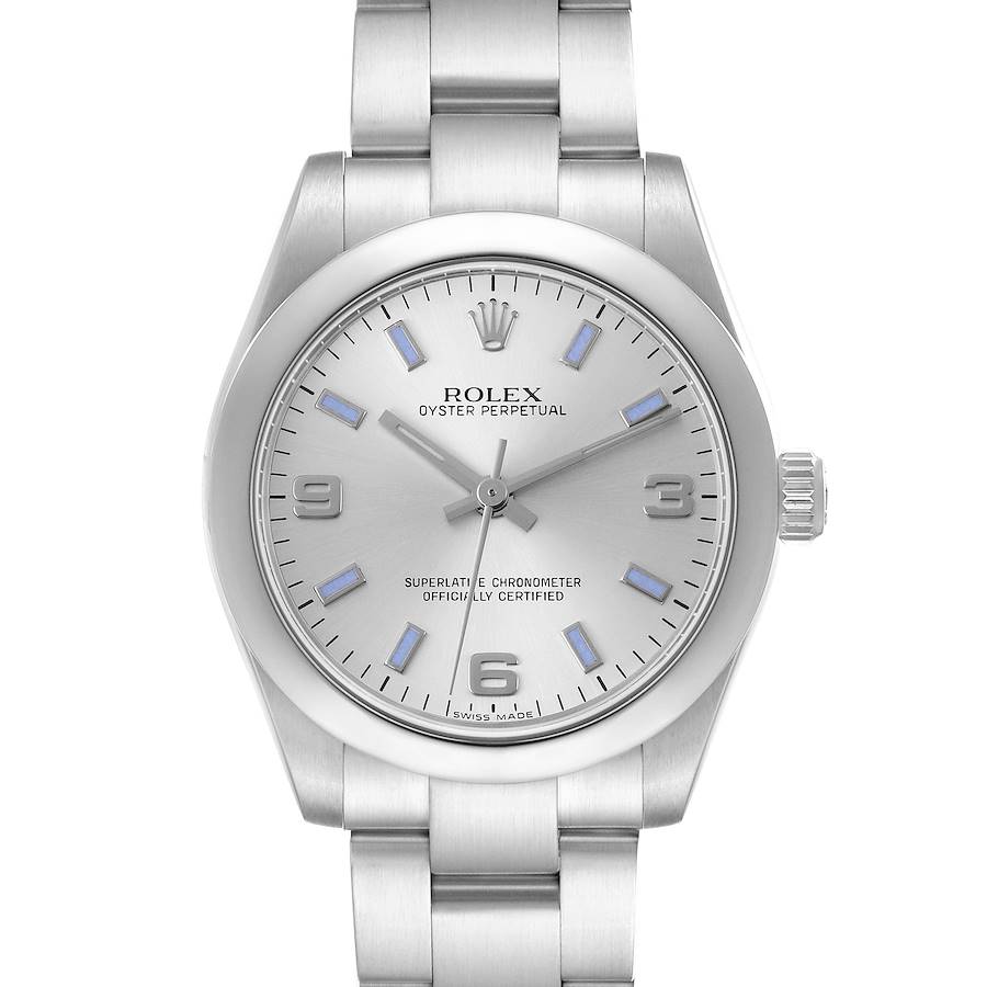 The Rolex Oyster Perpetual mid-size model is shown from the front, displaying its dial, case, and bracelet.