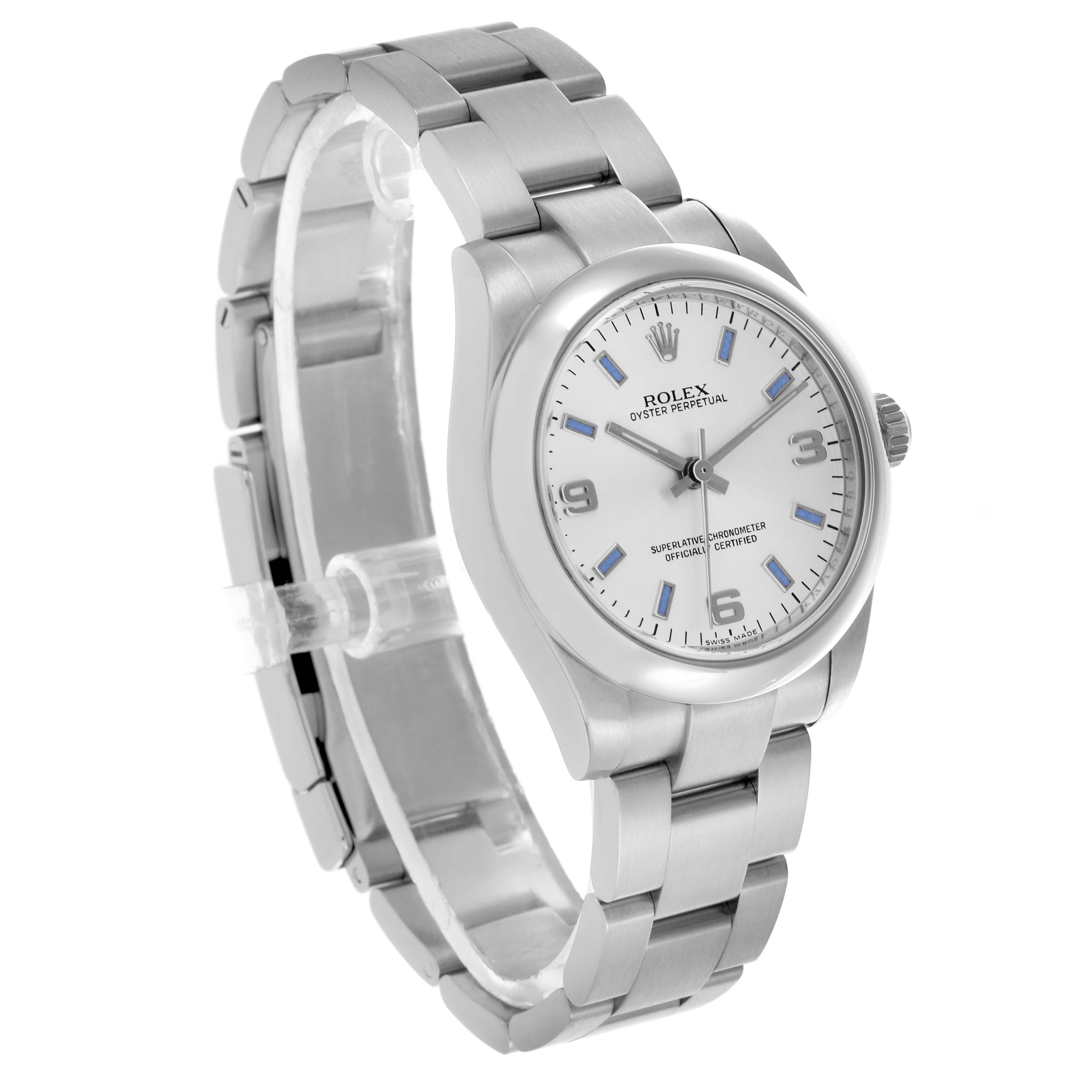 The Rolex Mid-Size 177200 Women's Stainless Steel Silver Dial 177200 Women's Stainless Steel Silver Dial watch is shown at a slight angle, highlighting the face, bezel, and stainless steel bracelet.