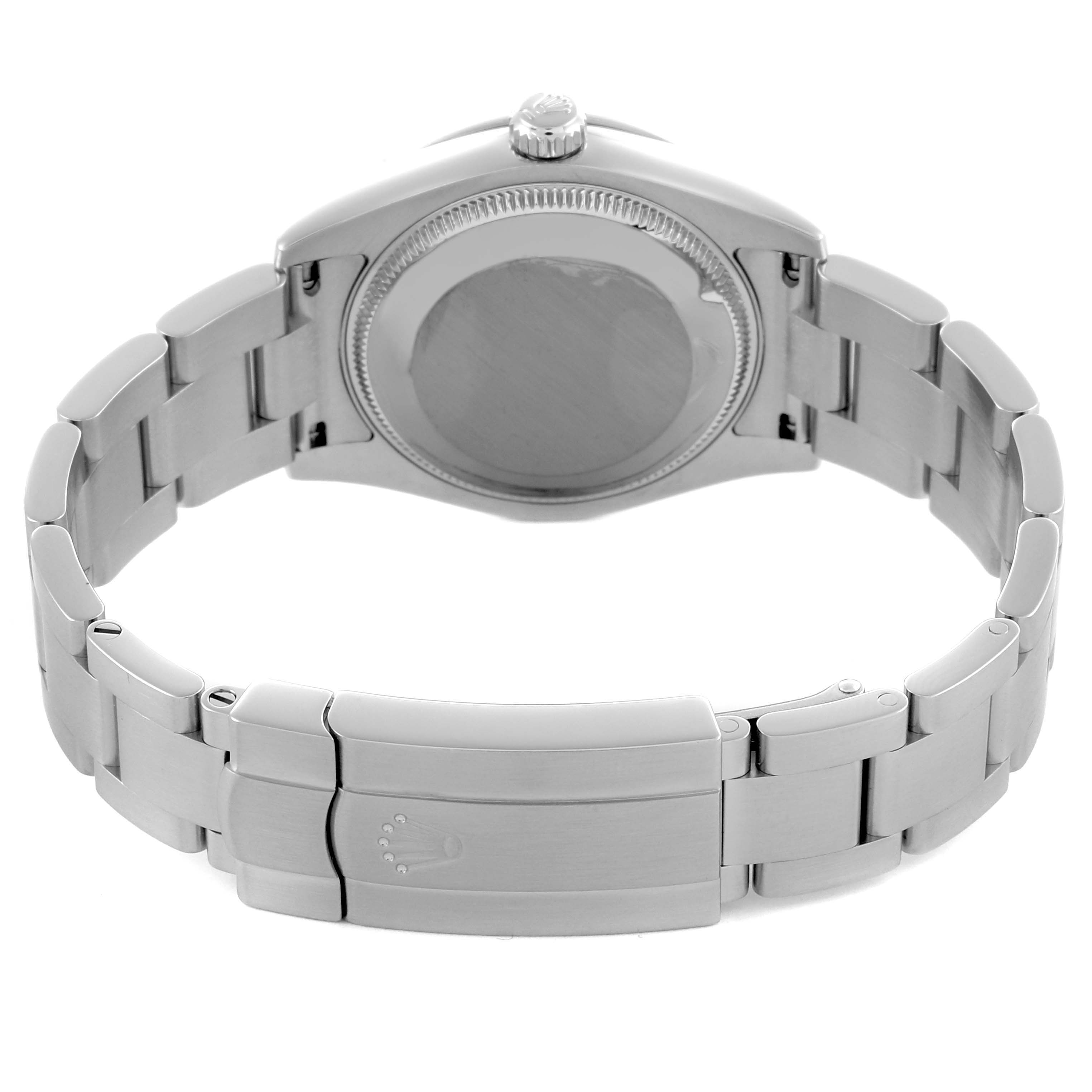 The image shows the back of a Rolex Mid-Size 177200 Women's Stainless Steel Silver Dial 177200 Women's Stainless Steel Silver Dial watch, including the case back, crown, and bracelet with clasp.