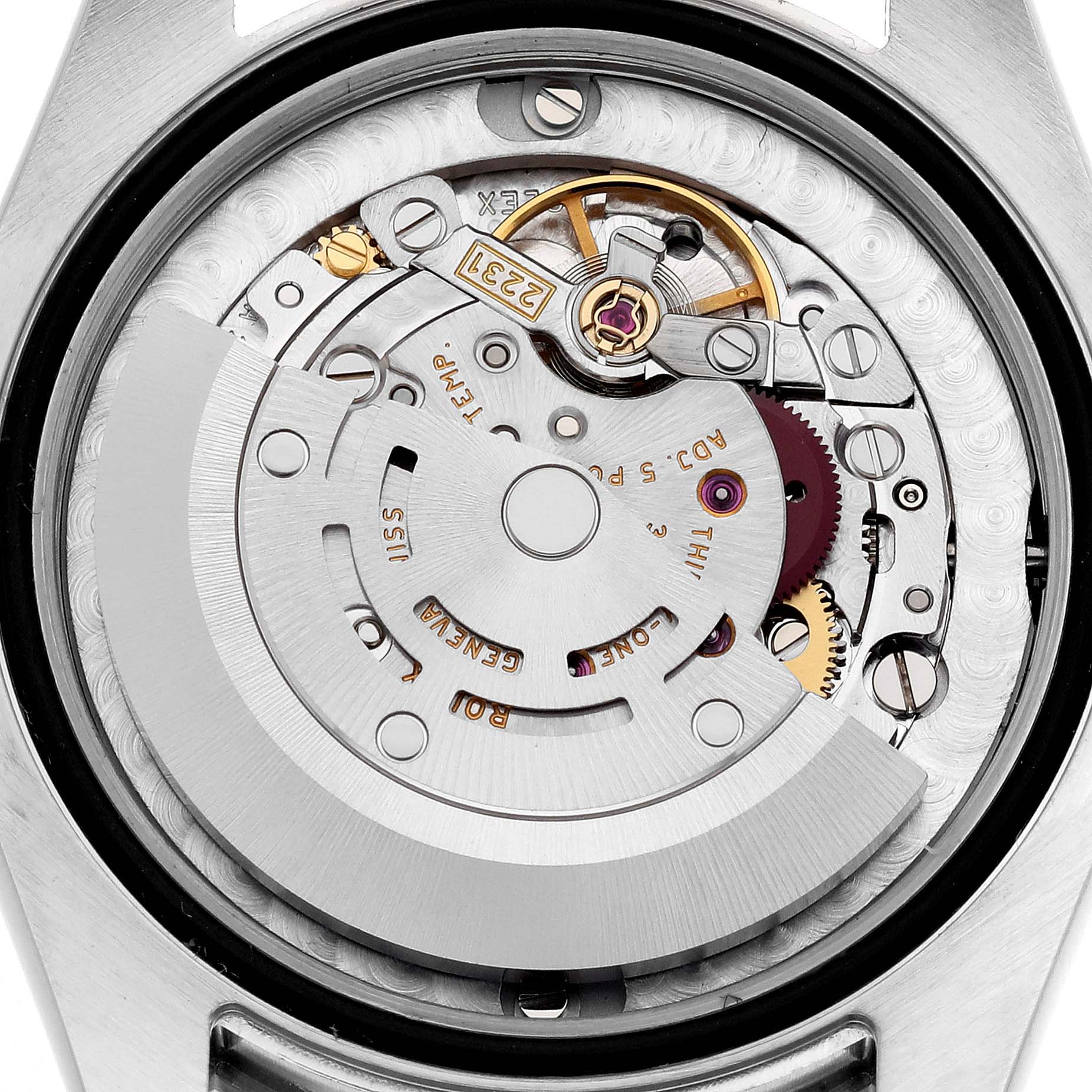 The image shows the movement of a Rolex Mid-Size 177200 Women's Stainless Steel Silver Dial 177200 Women's Stainless Steel Silver Dial model watch from the back.