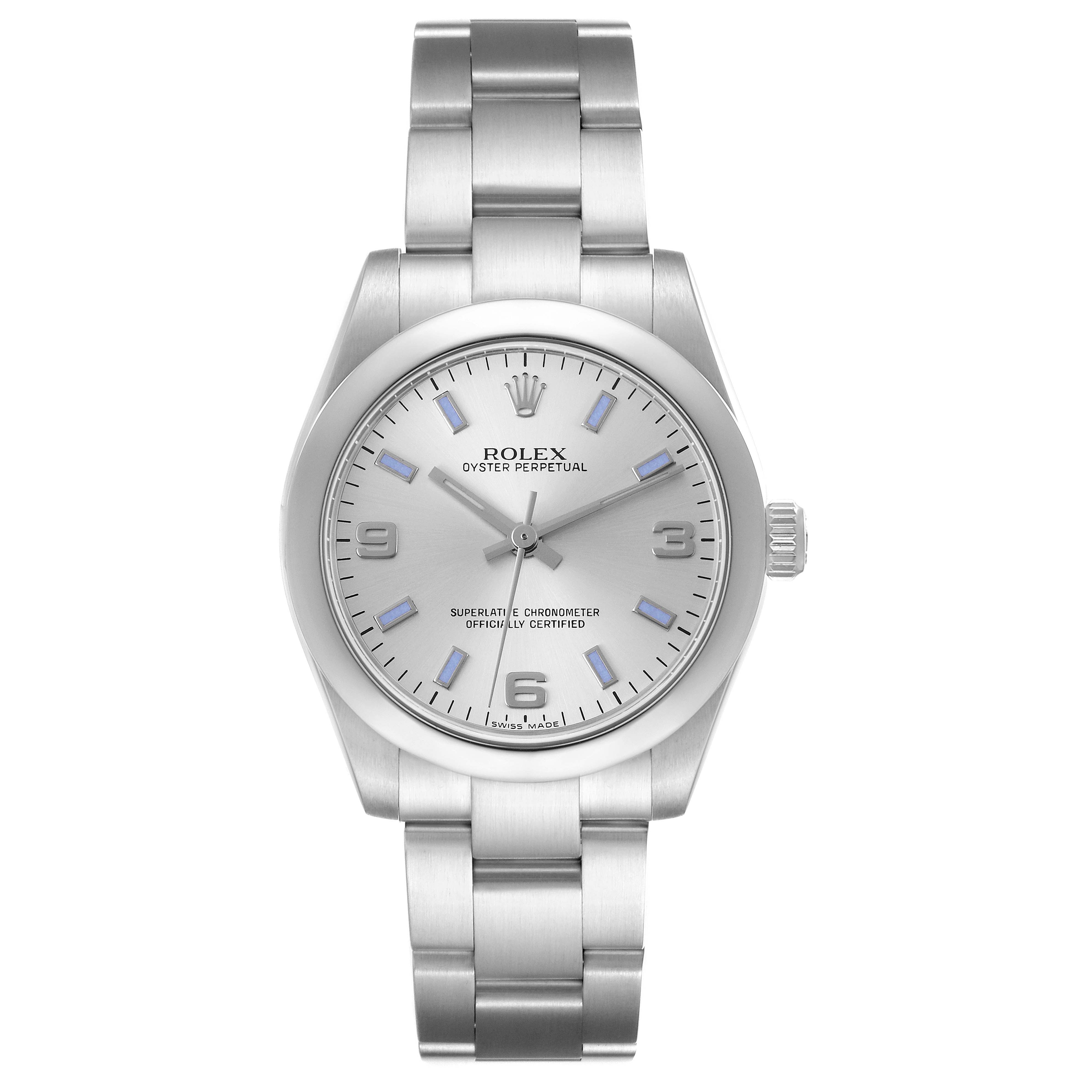 The Rolex Mid-Size 177200 Women's Stainless Steel Silver Dial 177200 Women's Stainless Steel Silver Dial watch shows a frontal view, displaying the face, bezel, bracelet, and crown.