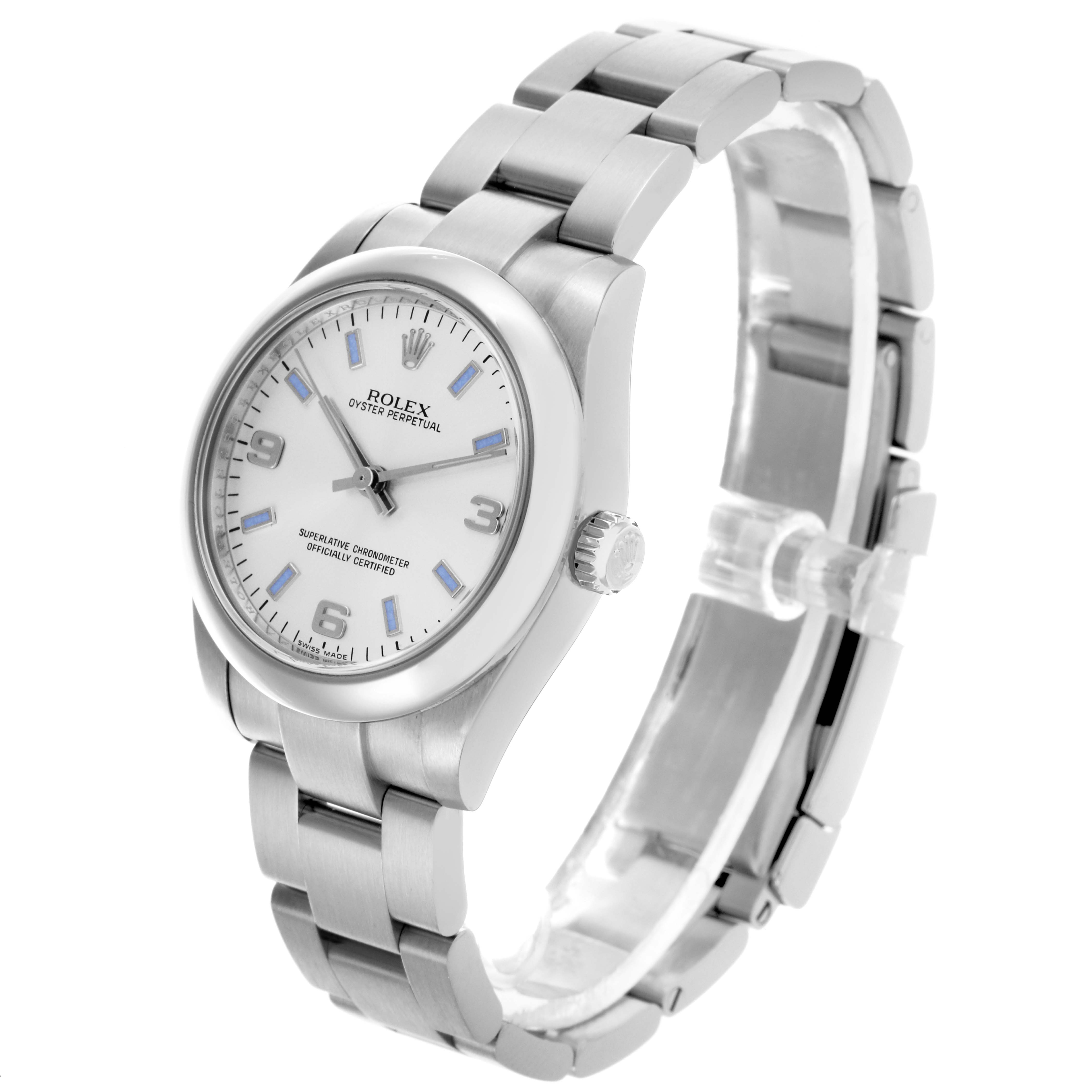The Rolex Mid-Size 177200 Women's Stainless Steel Silver Dial 177200 Women's Stainless Steel Silver Dial watch is shown at a three-quarter angle, displaying the face, bezel, crown, and bracelet.