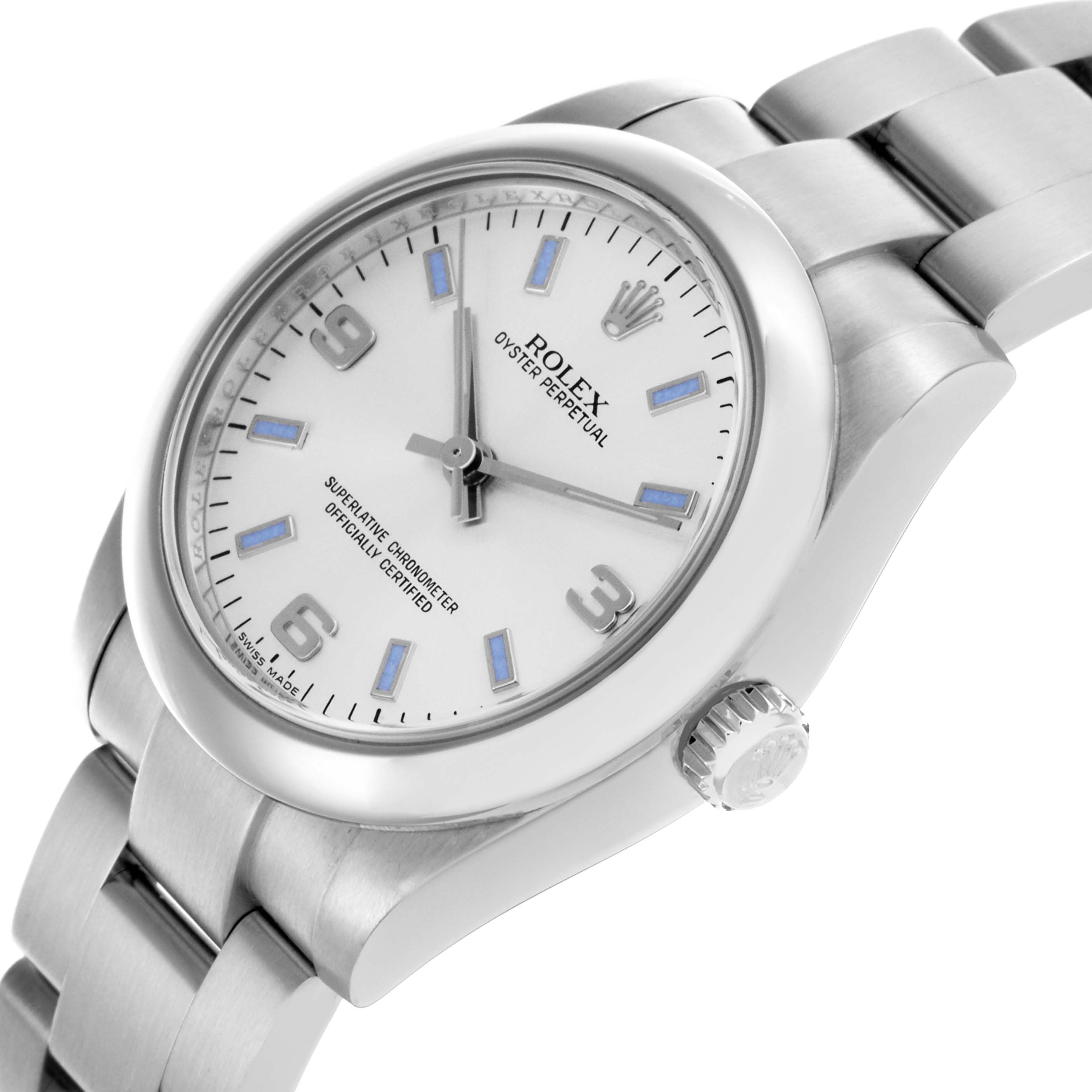 The Rolex Mid-Size 177200 Women's Stainless Steel Silver Dial 177200 Women's Stainless Steel Silver Dial watch is shown at a slight angle displaying the face, bezel, crown, and part of the bracelet.