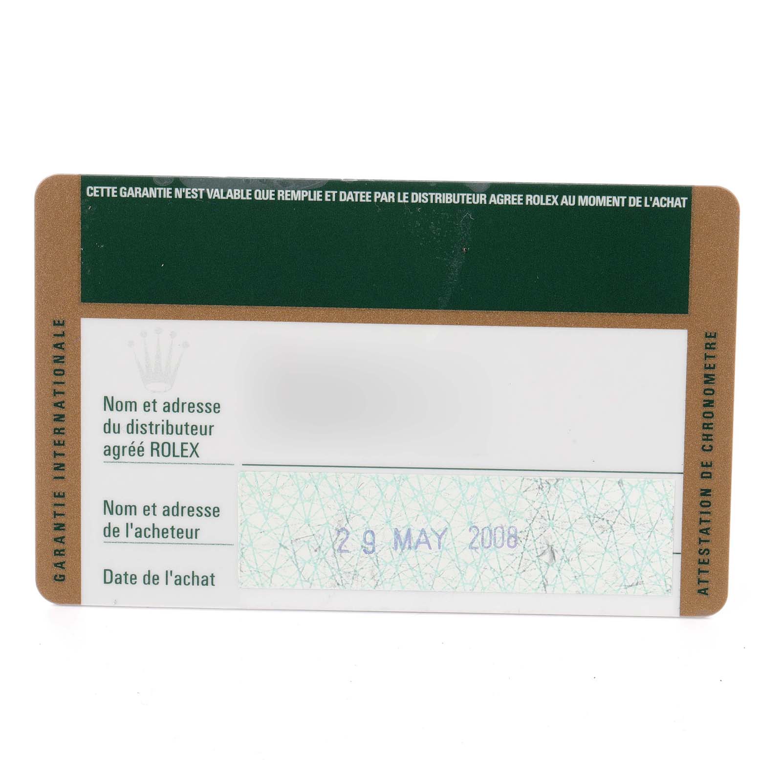 The image shows a guarantee card for a Rolex Oyster Perpetual 176210 Women's Stainless Steel White Dial 176210 Women's Stainless Steel White Dial watch, dated 29 May 2008.