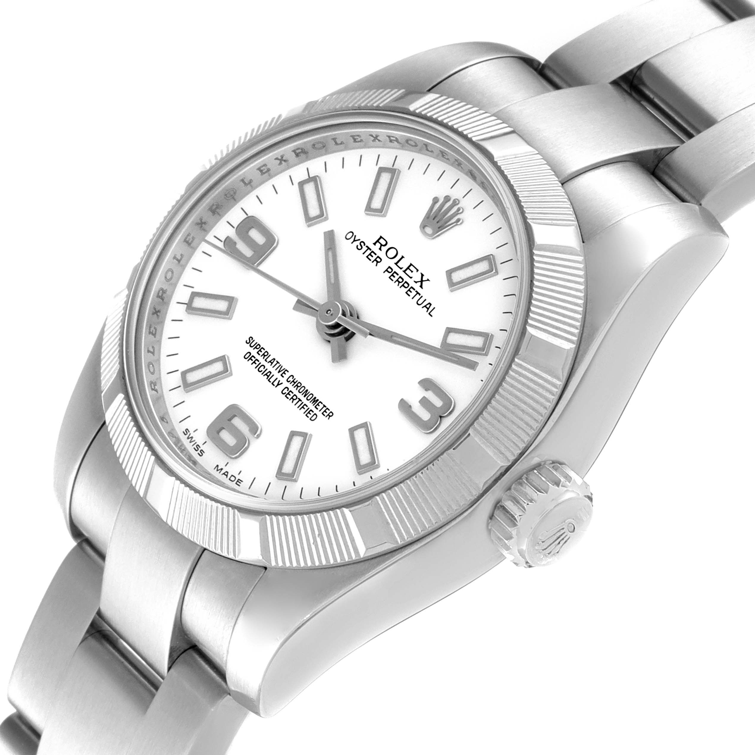 This image shows the front and top-right side of a Rolex Oyster Perpetual 176210 Women's Stainless Steel White Dial 176210 Women's Stainless Steel White Dial watch, highlighting the dial, bezel, and bracelet.