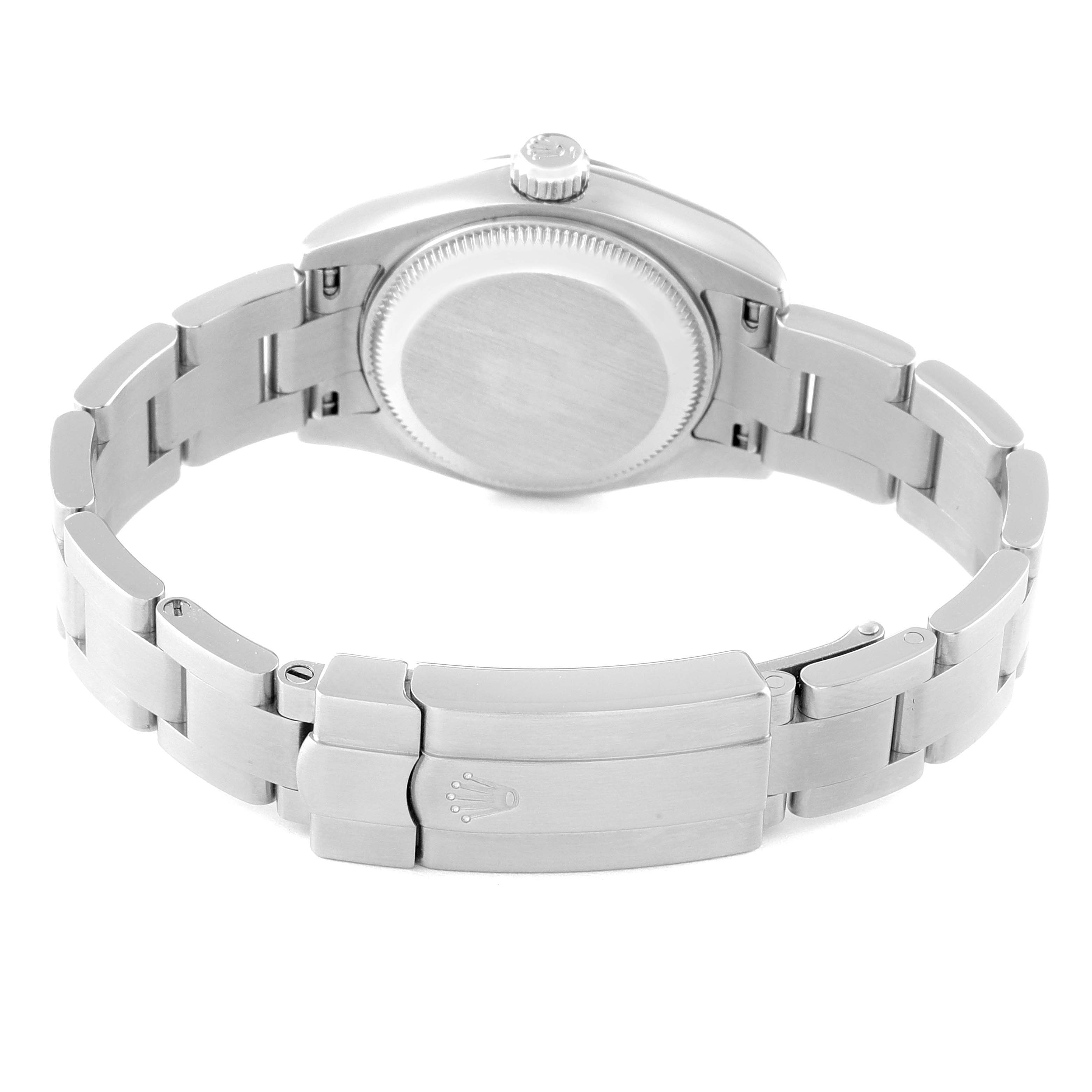 The image shows the back view of a Rolex Oyster Perpetual 176210 Women's Stainless Steel White Dial 176210 Women's Stainless Steel White Dial watch, including the case back, crown, and bracelet with the clasp.