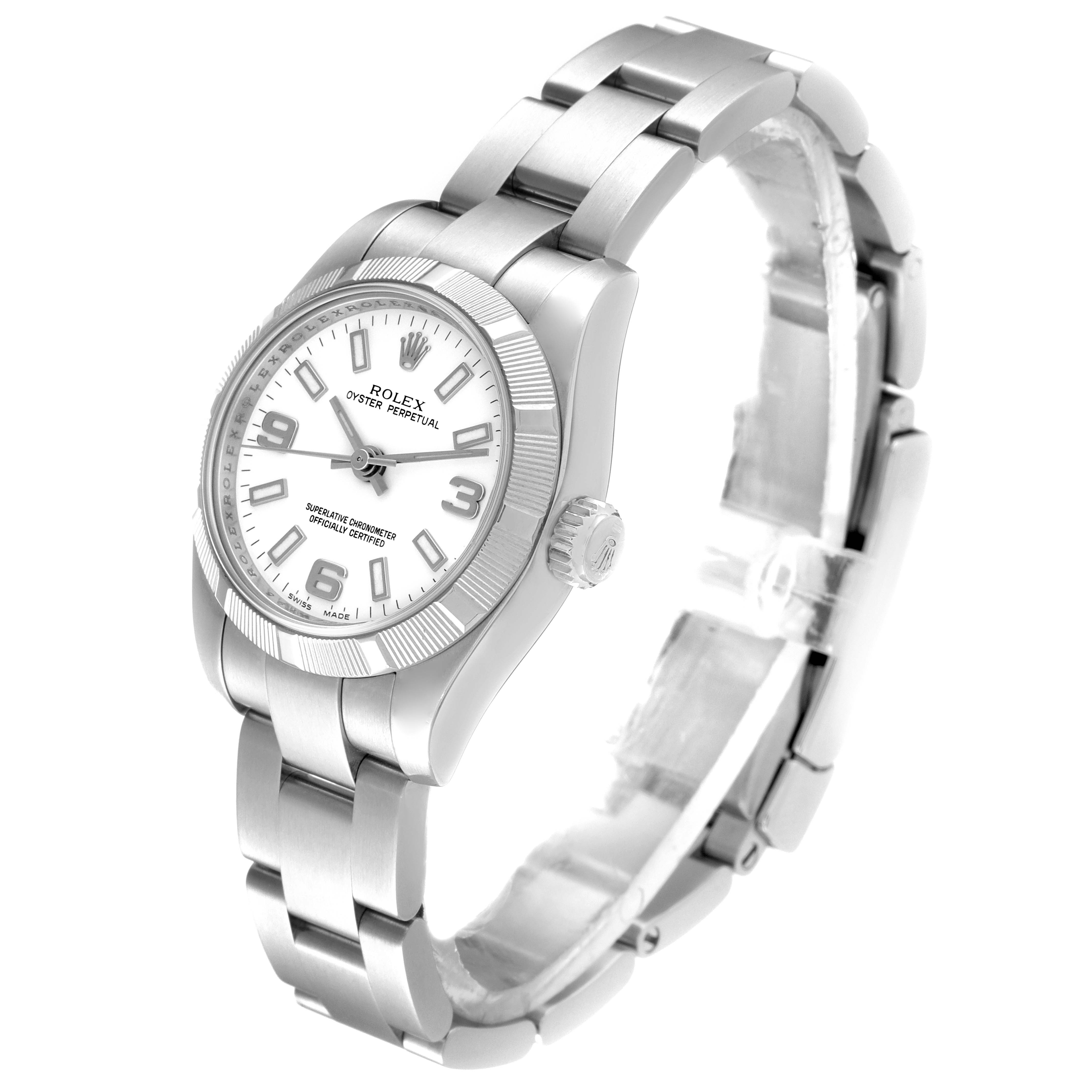 The Rolex Oyster Perpetual 176210 Women's Stainless Steel White Dial 176210 Women's Stainless Steel White Dial watch is shown at a slight angle, highlighting its case, bezel, bracelet, and crown.