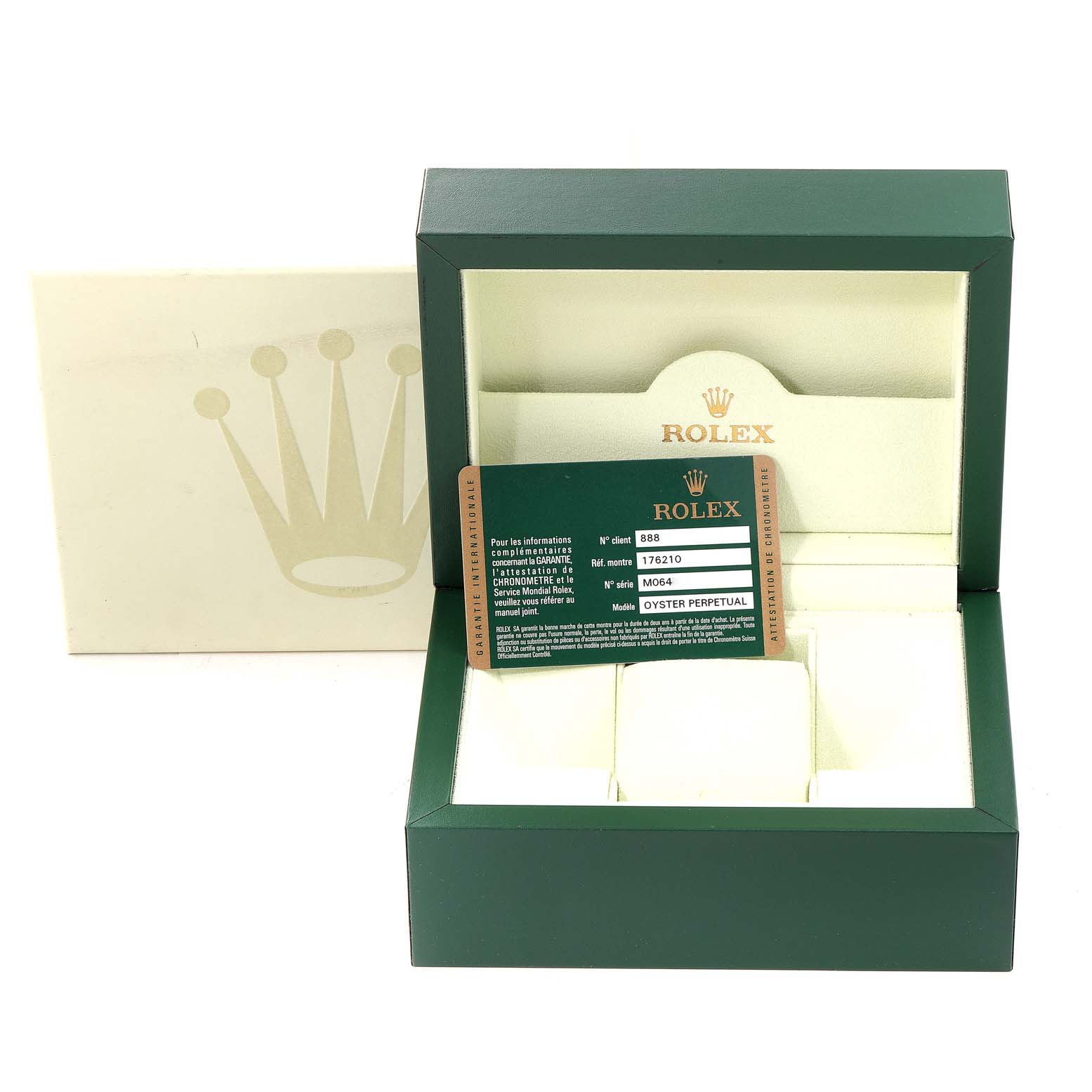 The image shows the box and warranty card for a Rolex Oyster Perpetual 176210 Women's Stainless Steel White Dial 176210 Women's Stainless Steel White Dial model, with no watch parts visible.