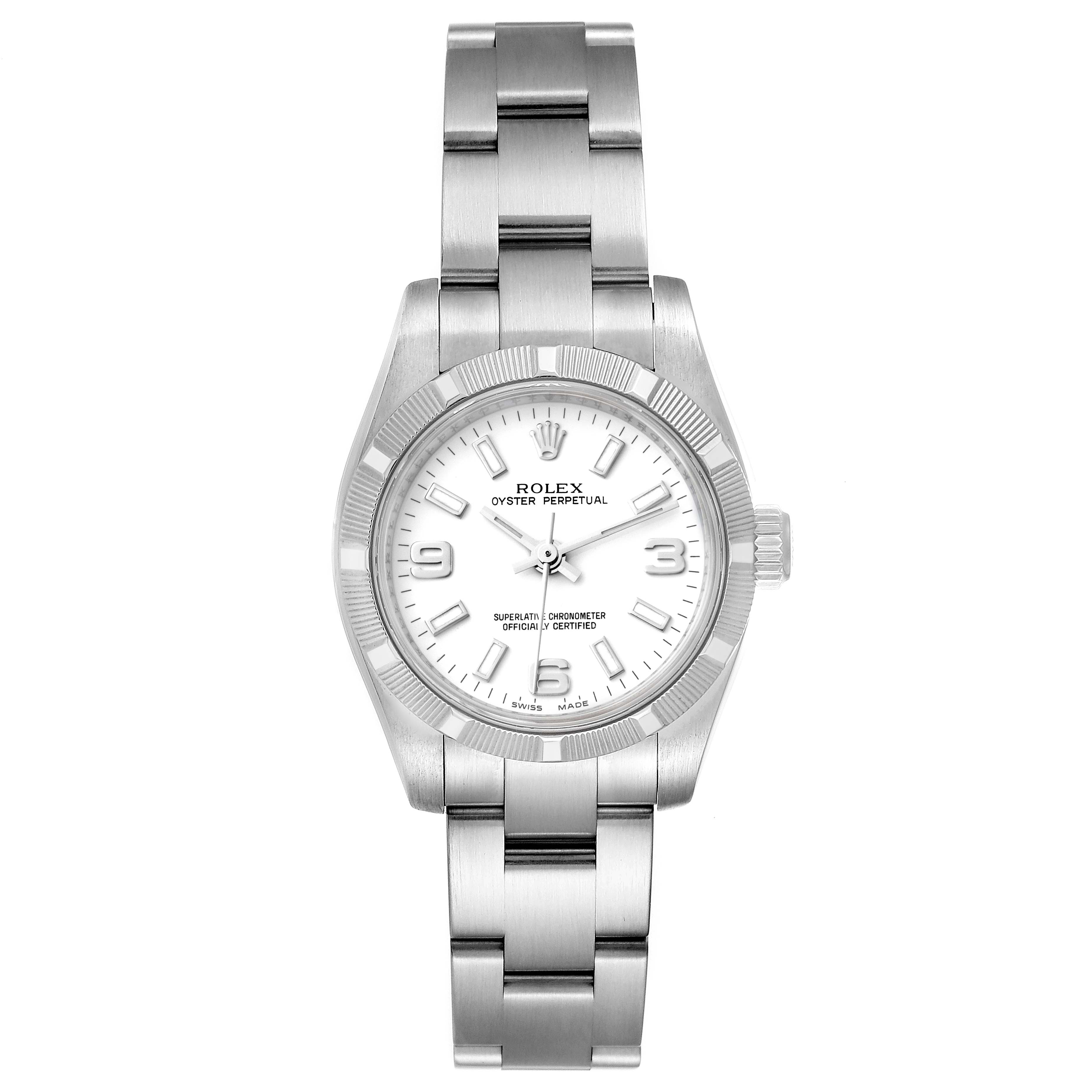 The image shows a front view of a Rolex Oyster Perpetual 176210 Women's Stainless Steel White Dial 176210 Women's Stainless Steel White Dial watch, displaying the bracelet, bezel, dial, and crown.