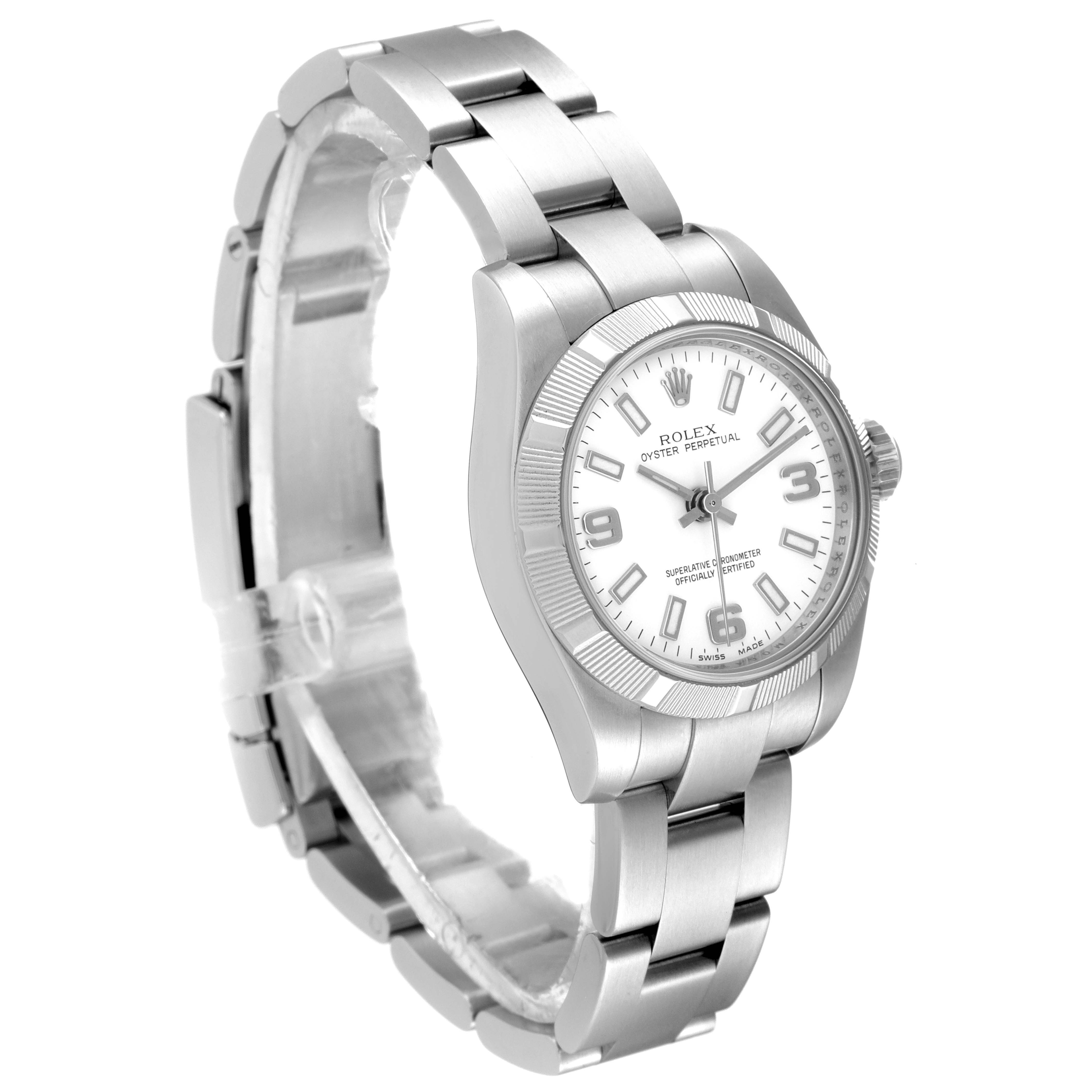 The Rolex Oyster Perpetual 176210 Women's Stainless Steel White Dial 176210 Women's Stainless Steel White Dial watch is shown at a slight angle, highlighting the face, bezel, case, and part of the bracelet.