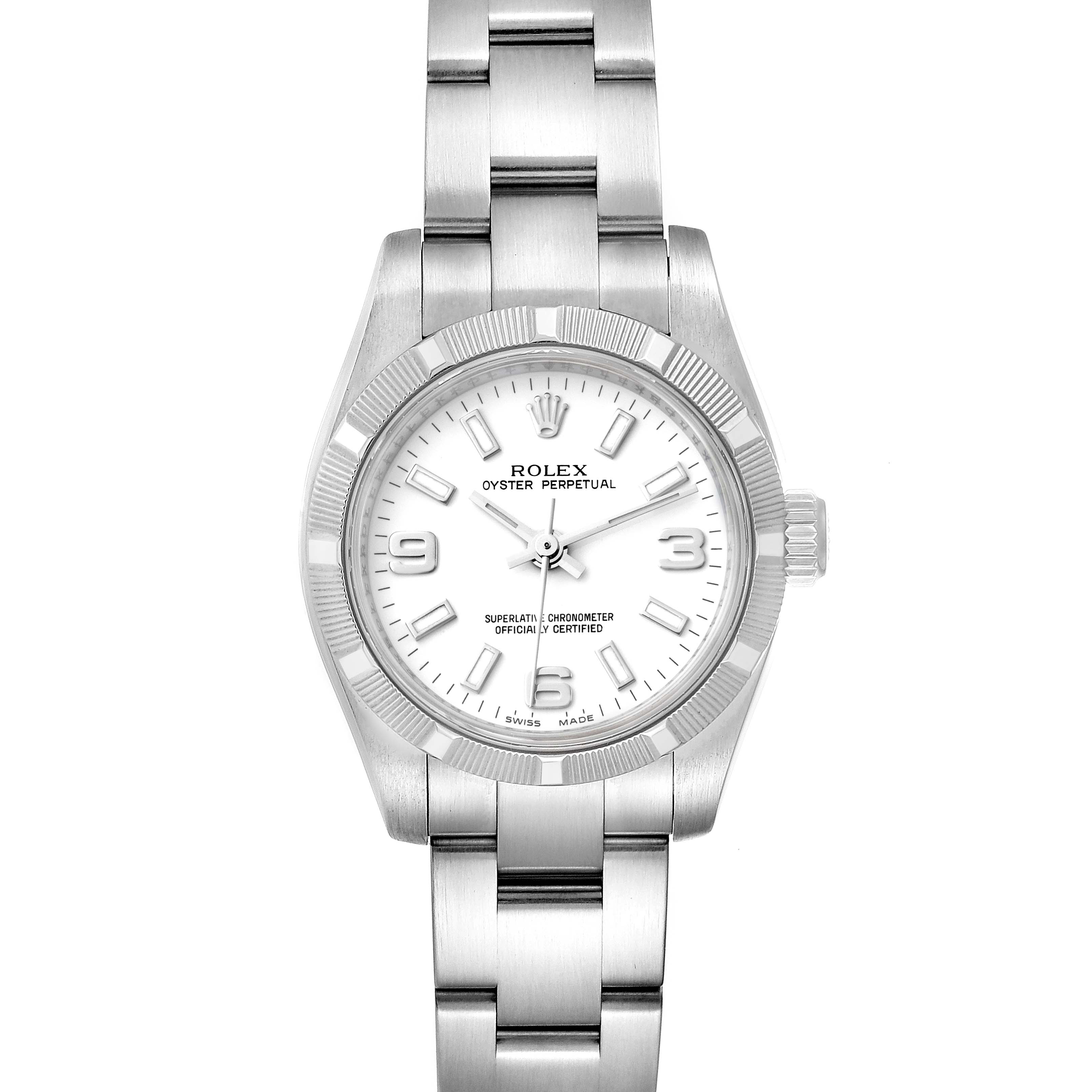 The image shows a Rolex Oyster Perpetual 176210 Women's Stainless Steel White Dial 176210 Women's Stainless Steel White Dial watch from a top-down angle, highlighting its face, bezel, and bracelet.