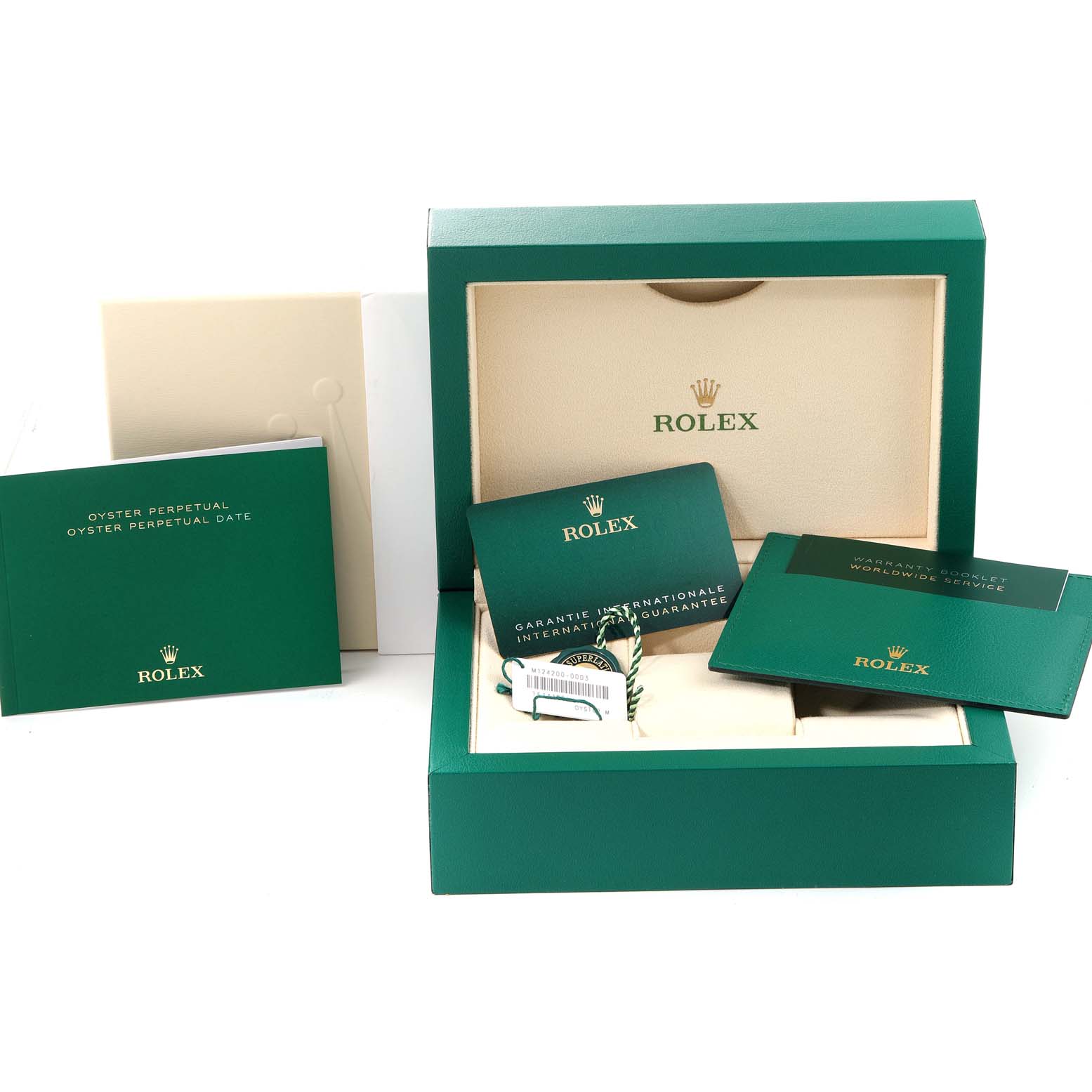 The image displays the packaging and documentation for a Rolex Oyster Perpetual 124200 Men
s Stainless Steel Blue Dial 124200 Men
s Stainless Steel Blue Dial watch, including the box, booklets, and tags.