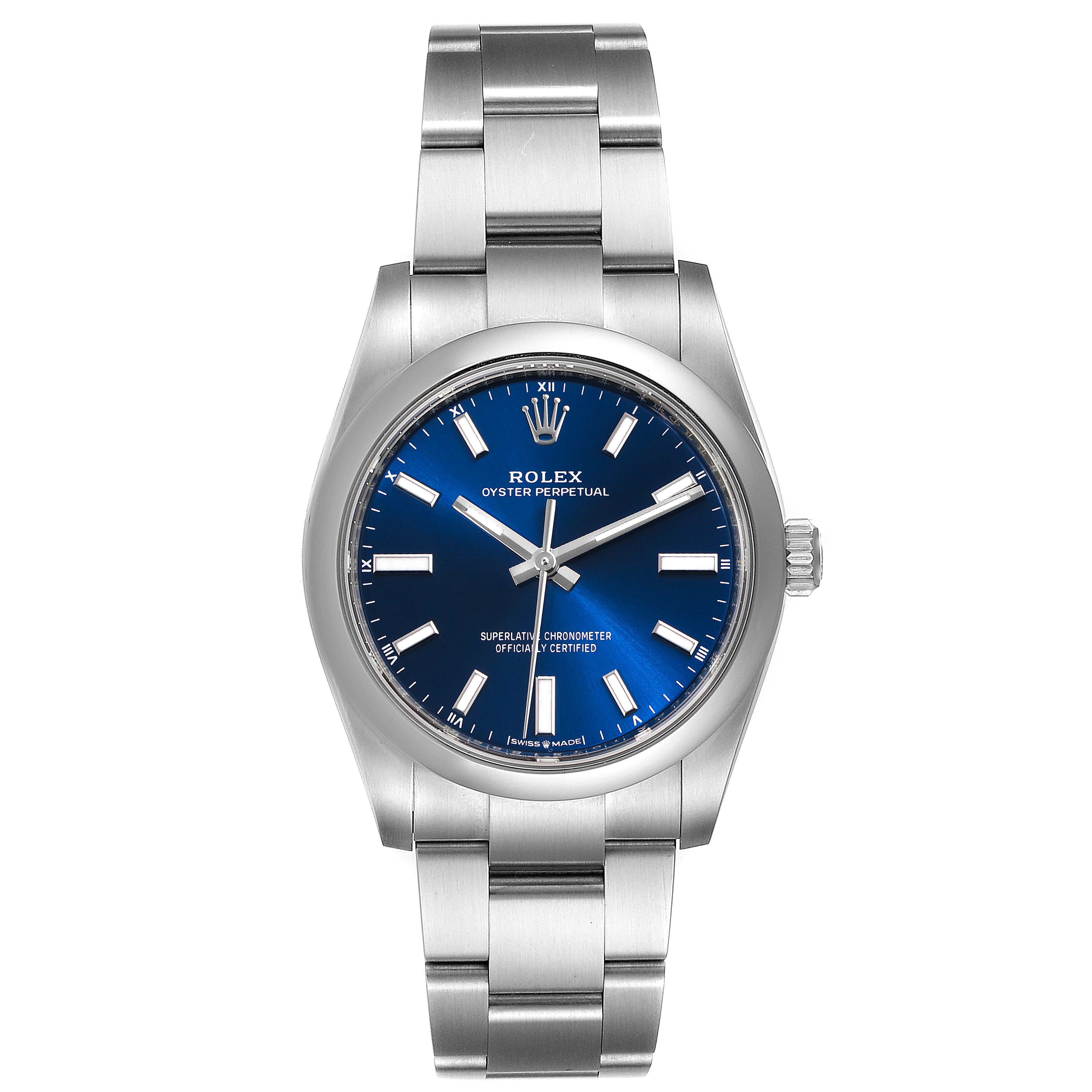 The image shows a front view of a Rolex Oyster Perpetual 124200 Men
s Stainless Steel Blue Dial 124200 Men
s Stainless Steel Blue Dial watch with a blue dial and stainless steel bracelet.