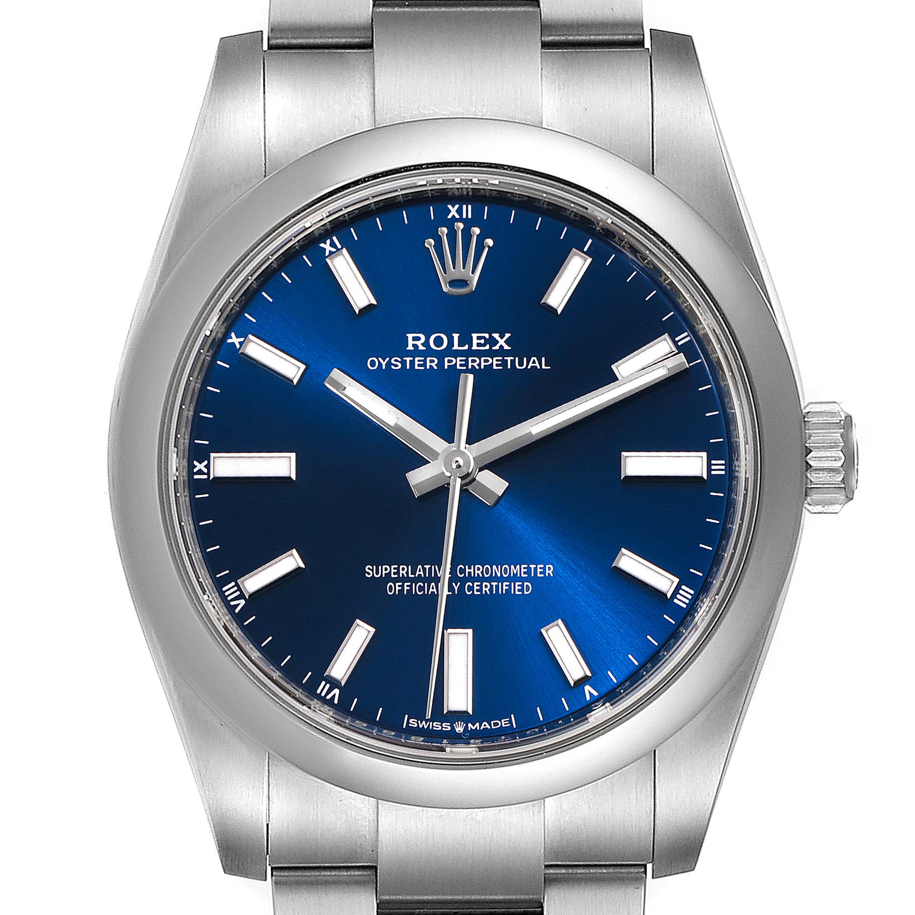 The image shows a frontal view of the Rolex Oyster Perpetual 124200 Men
s Stainless Steel Blue Dial 124200 Men
s Stainless Steel Blue Dial watch, highlighting its blue dial and stainless steel case.