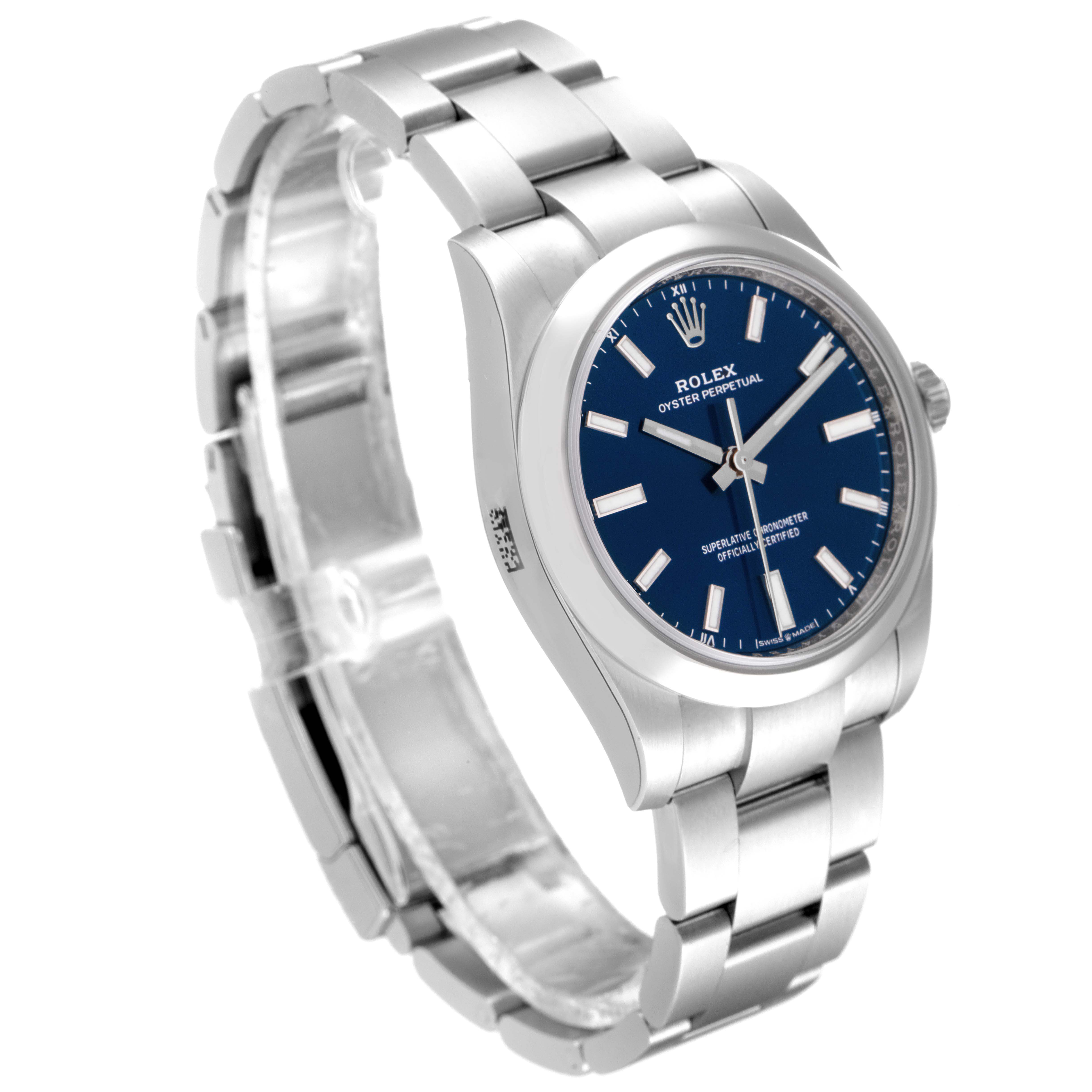 The Rolex Oyster Perpetual 124200 Men
s Stainless Steel Blue Dial 124200 Men
s Stainless Steel Blue Dial watch is shown at a 3/4 angle, displaying the stainless steel bracelet, blue dial, and case.