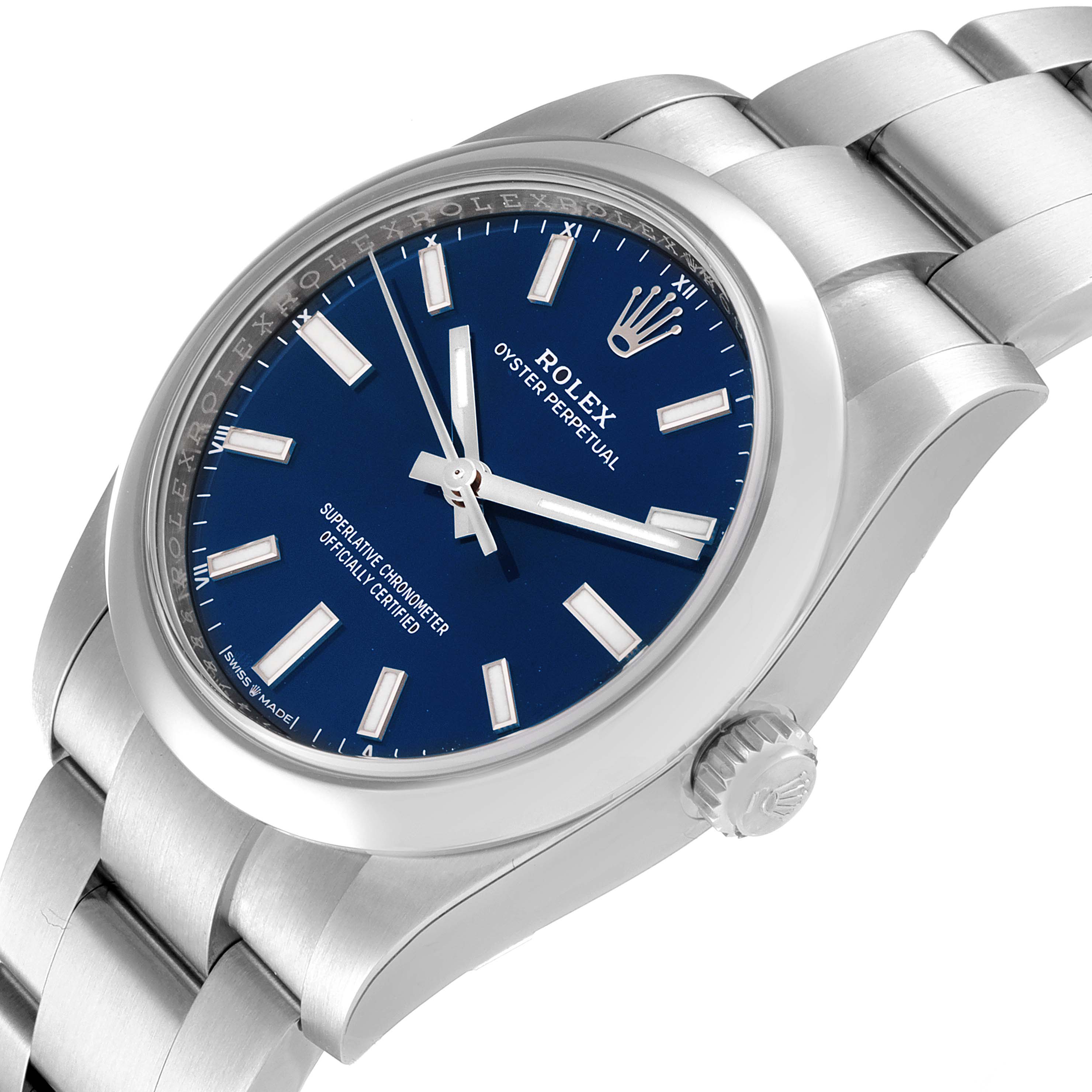 This close-up angle shows the face, bezel, crown, and part of the bracelet of the Rolex Oyster Perpetual 124200 Men
s Stainless Steel Blue Dial 124200 Men
s Stainless Steel Blue Dial watch.