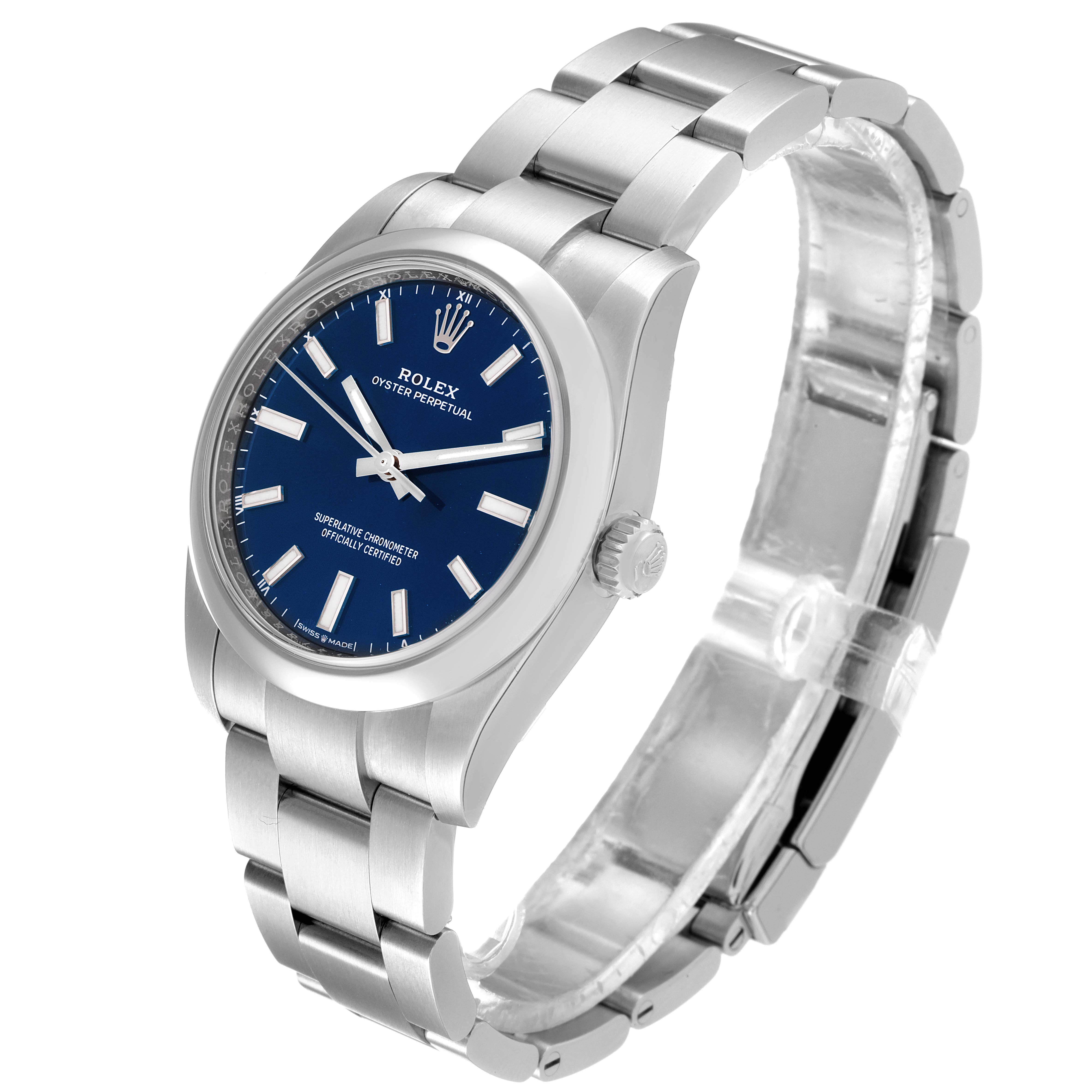 The image shows a side angle of the Rolex Oyster Perpetual 124200 Men
s Stainless Steel Blue Dial 124200 Men
s Stainless Steel Blue Dial watch, highlighting its blue dial, silver bracelet, and crown.