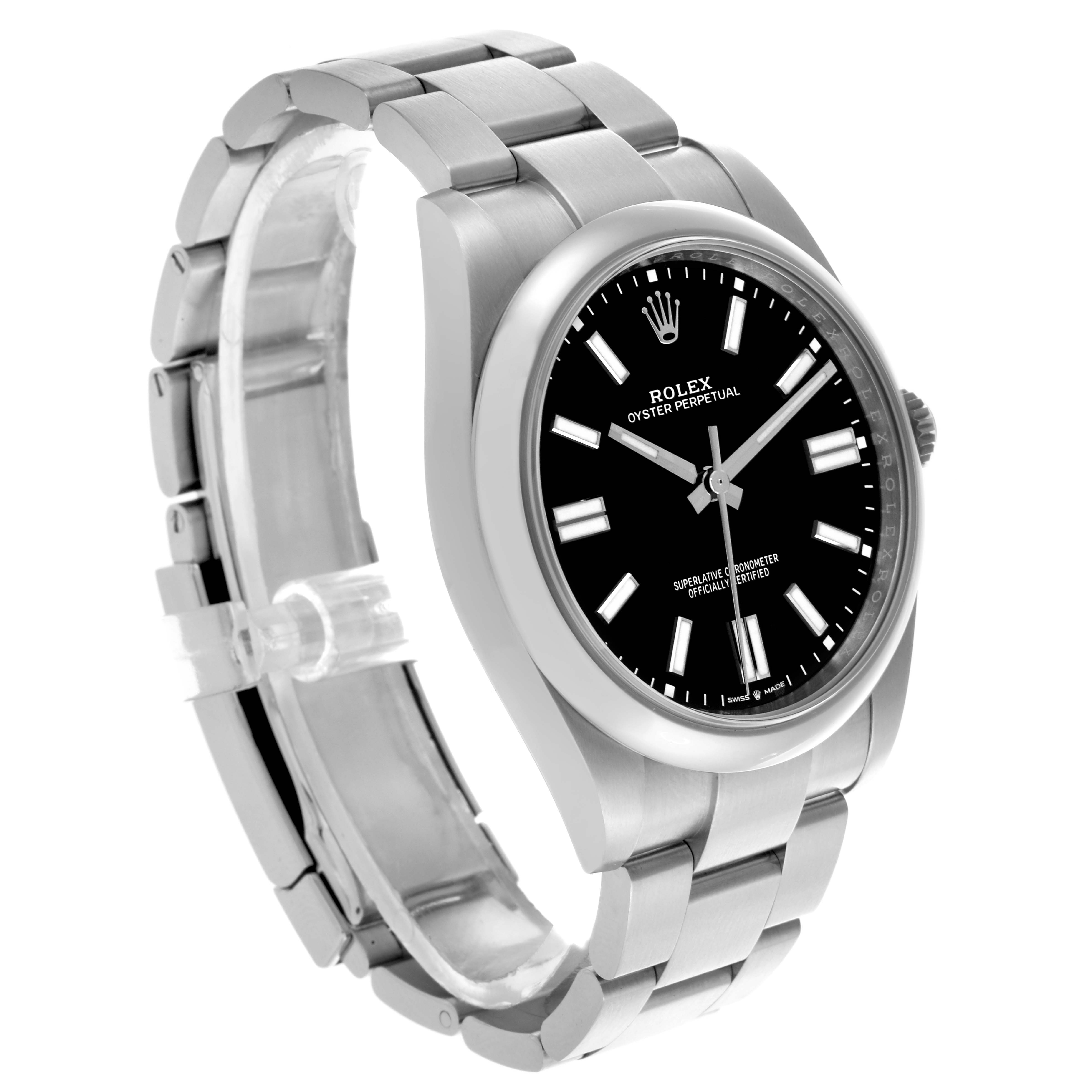 The Rolex Oyster Perpetual 124300 Men
s Stainless Steel Black Dial 124300 Men
s Stainless Steel Black Dial watch is shown at a slight angle highlighting the face, bracelet, and side profile.