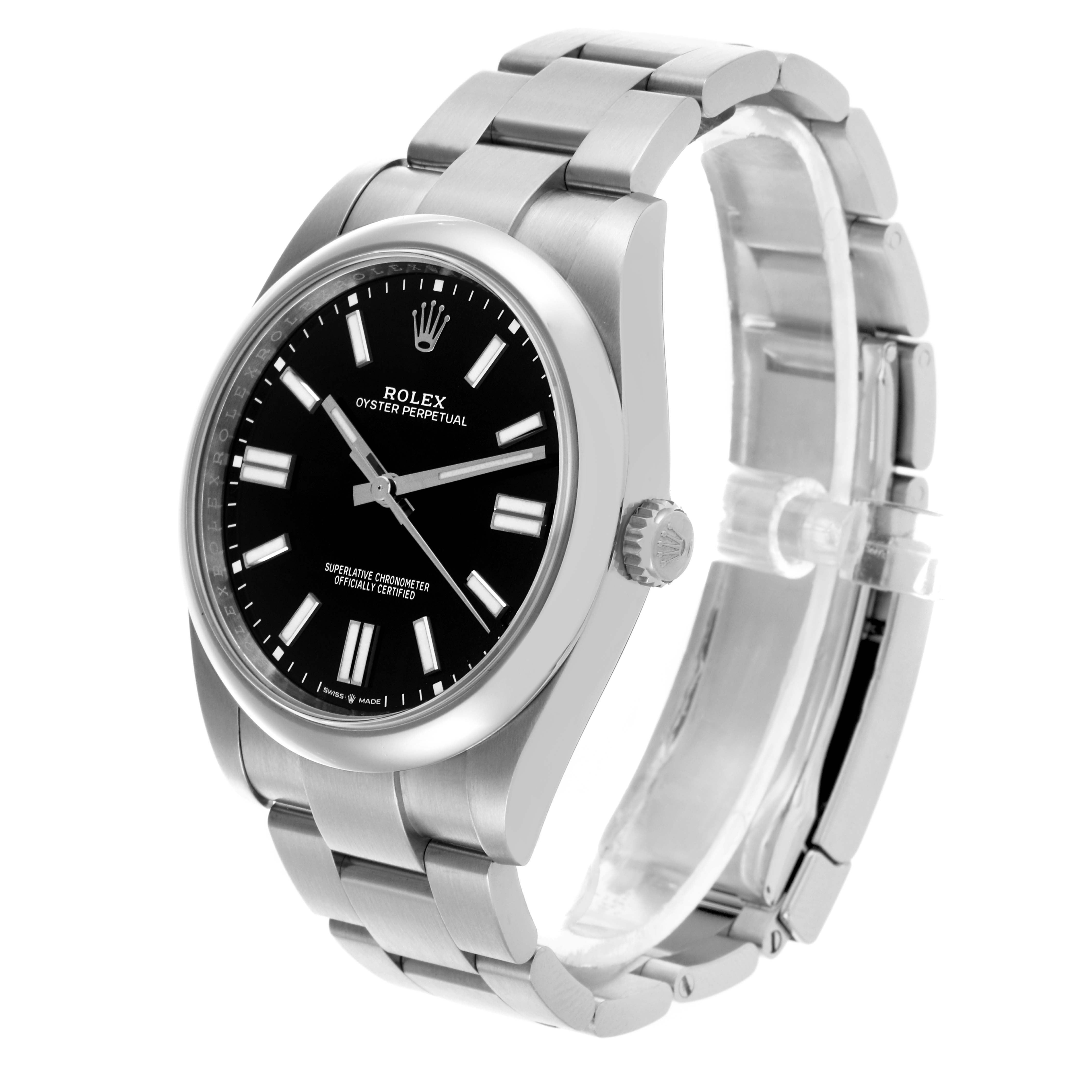 The Rolex Oyster Perpetual 124300 Men
s Stainless Steel Black Dial 124300 Men
s Stainless Steel Black Dial watch is shown at a side angle displaying the black dial, bezel, crown, and stainless steel bracelet.