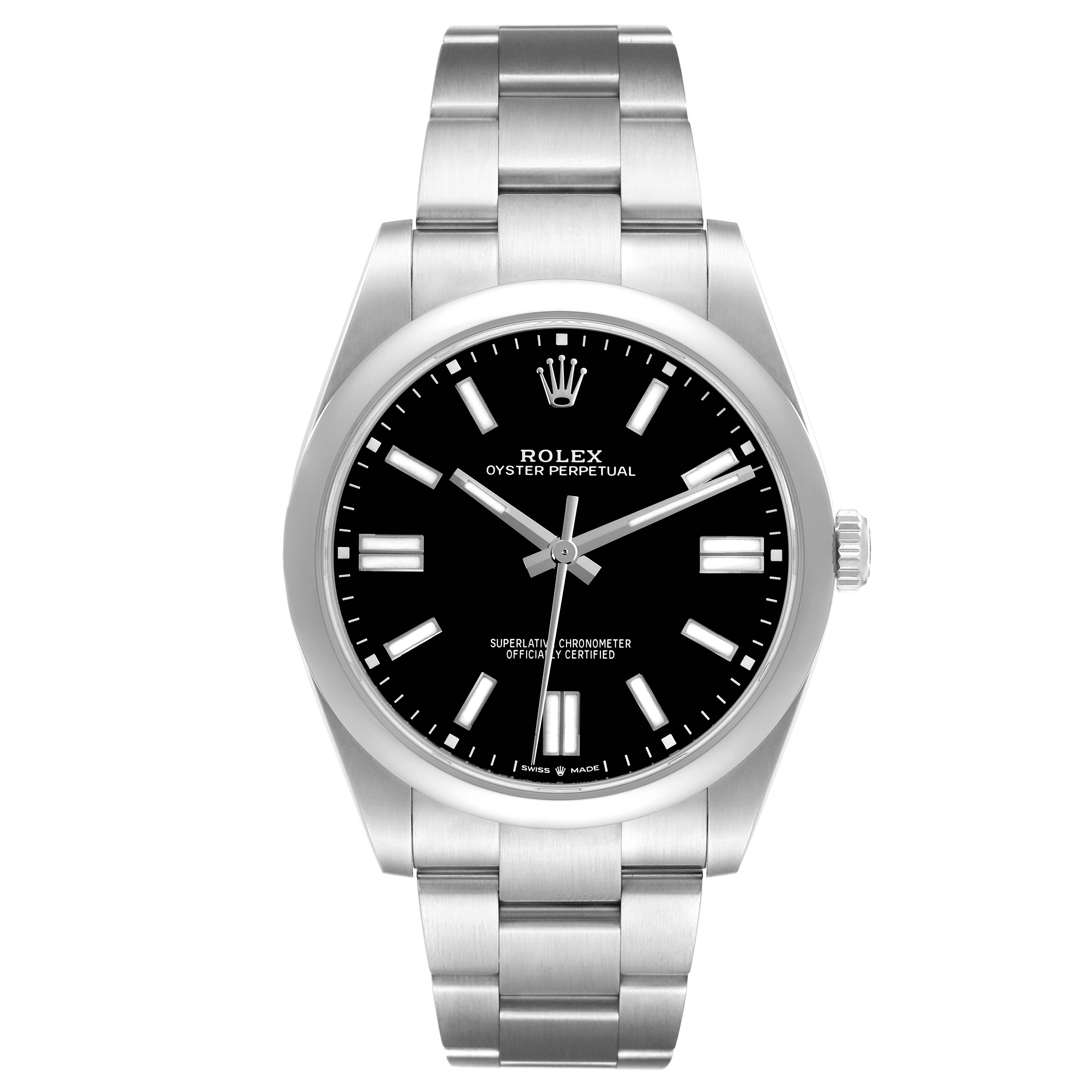 The Rolex Oyster Perpetual 124300 Men
s Stainless Steel Black Dial 124300 Men
s Stainless Steel Black Dial watch is shown from the front, displaying its face, bezel, and bracelet.