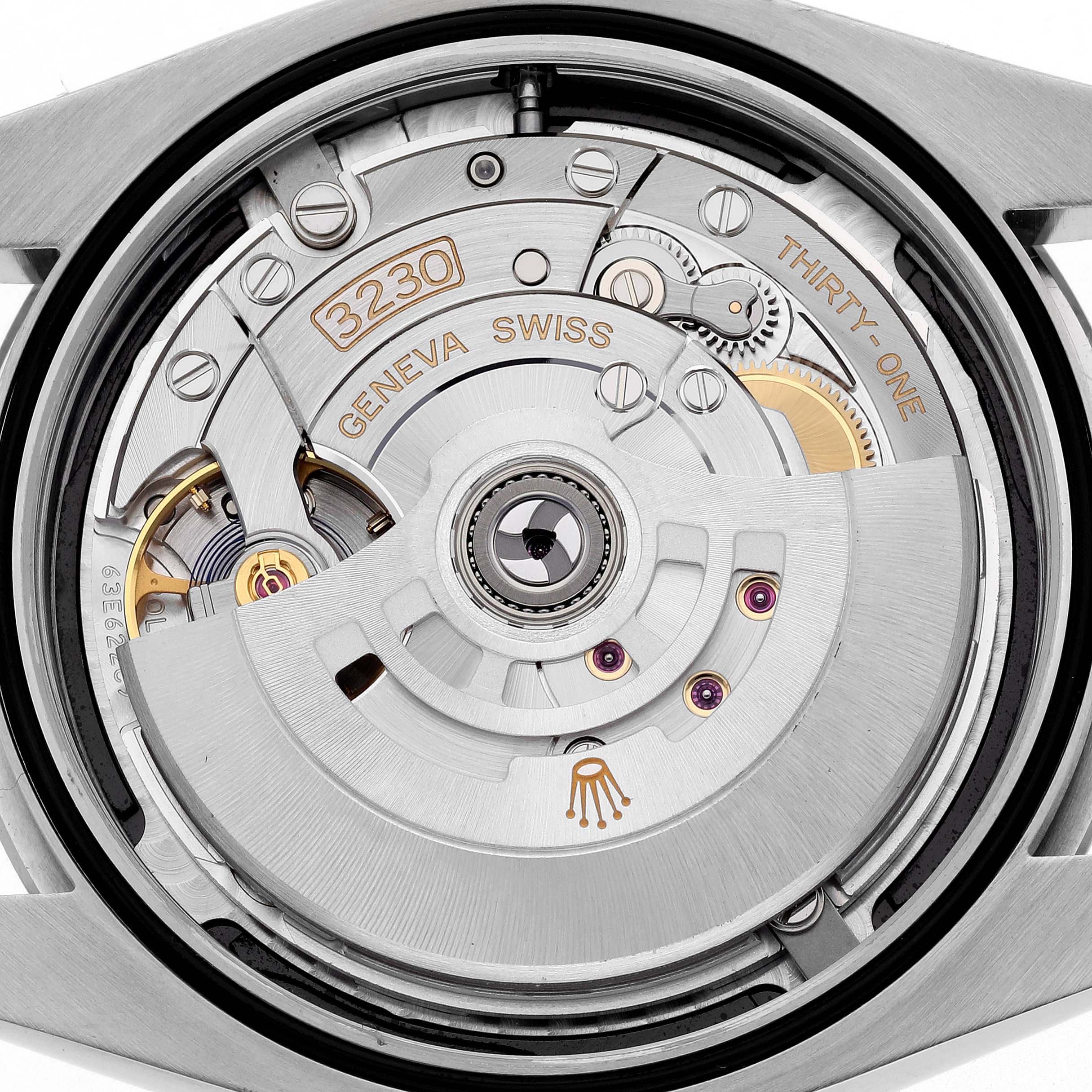 The image shows the movement mechanism of a Rolex Oyster Perpetual 124300 Men
s Stainless Steel Black Dial 124300 Men
s Stainless Steel Black Dial watch from a back angle.