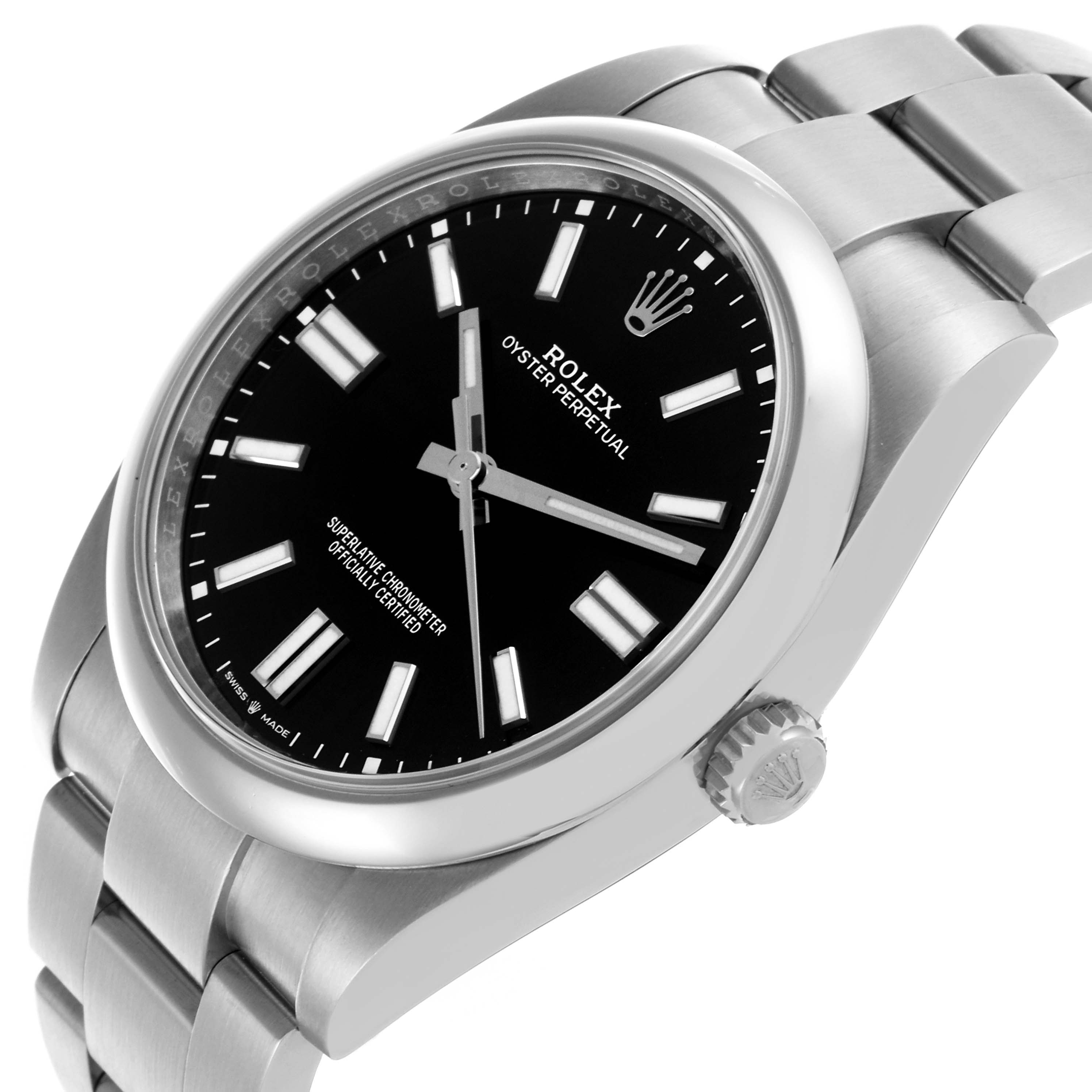 The Rolex Oyster Perpetual 124300 Men
s Stainless Steel Black Dial 124300 Men
s Stainless Steel Black Dial watch is shown at an angle highlighting the face, bezel, crown, and part of the bracelet.