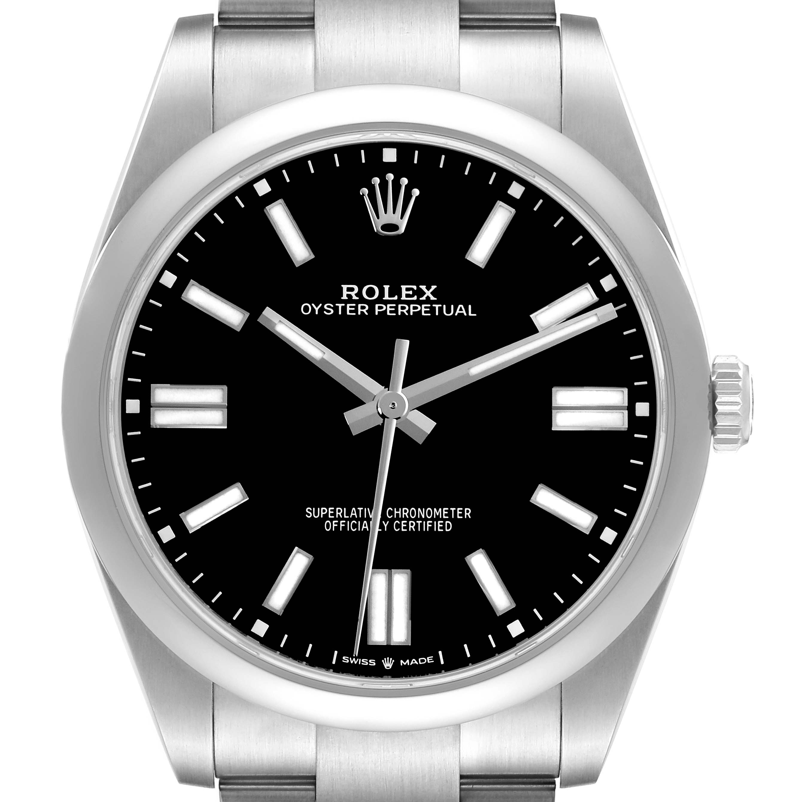 The Rolex Oyster Perpetual 124300 Men
s Stainless Steel Black Dial 124300 Men
s Stainless Steel Black Dial watch is shown from the front, highlighting the dial, hands, and part of the bracelet.