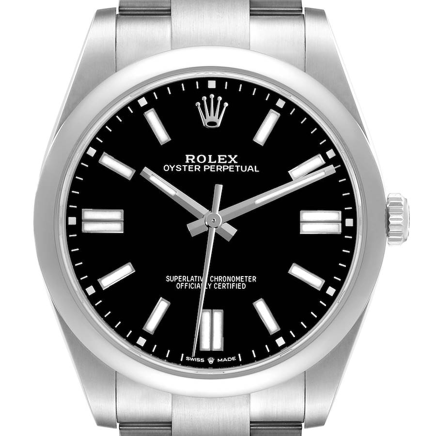 The Rolex Oyster Perpetual watch is shown from the front, highlighting the dial, hands, and part of the bracelet.