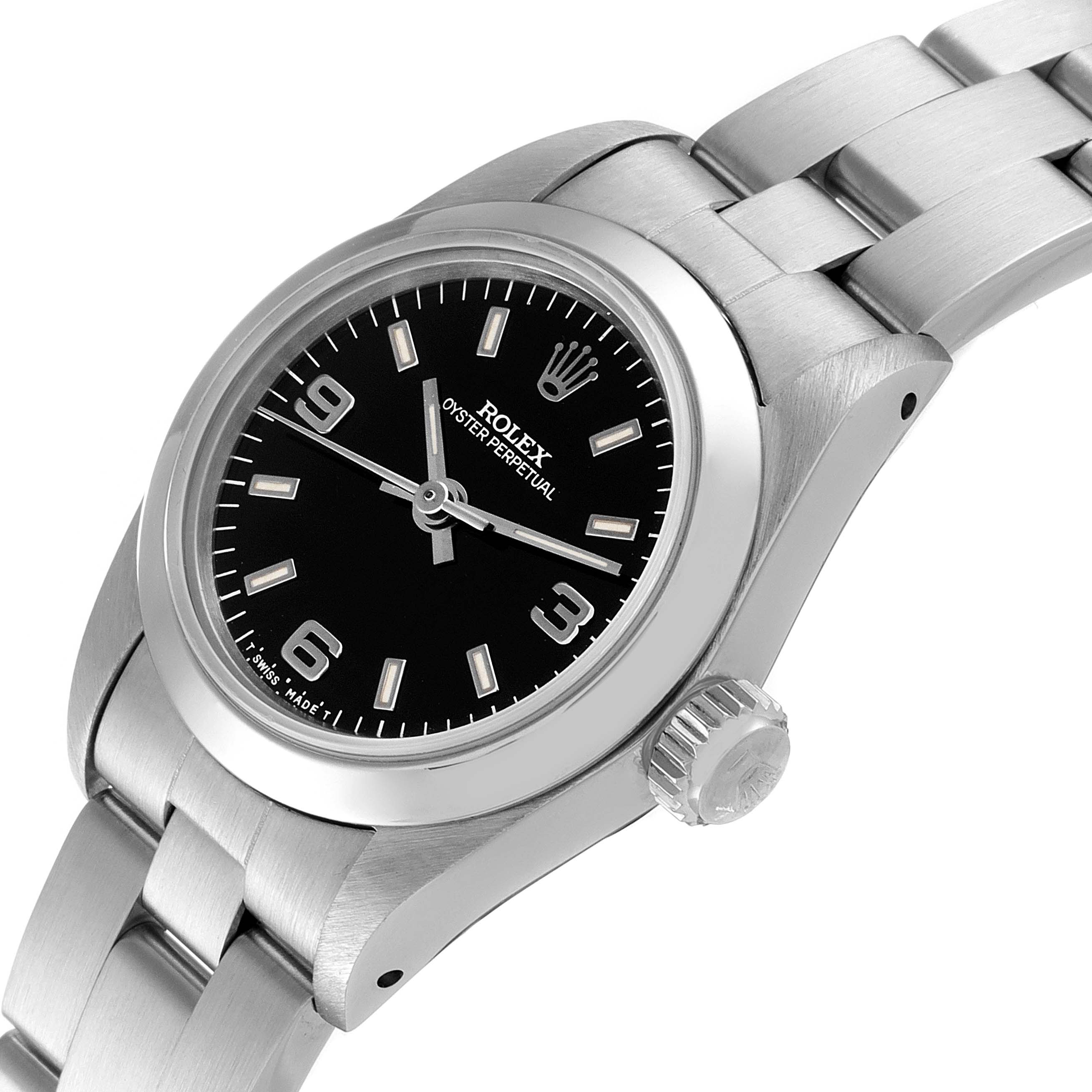 The Rolex Oyster Perpetual 67180 Women's Stainless Steel Black Dial 67180 Women's Stainless Steel Black Dial watch is shown from an angle displaying the dial, bezel, crown, and part of the bracelet.