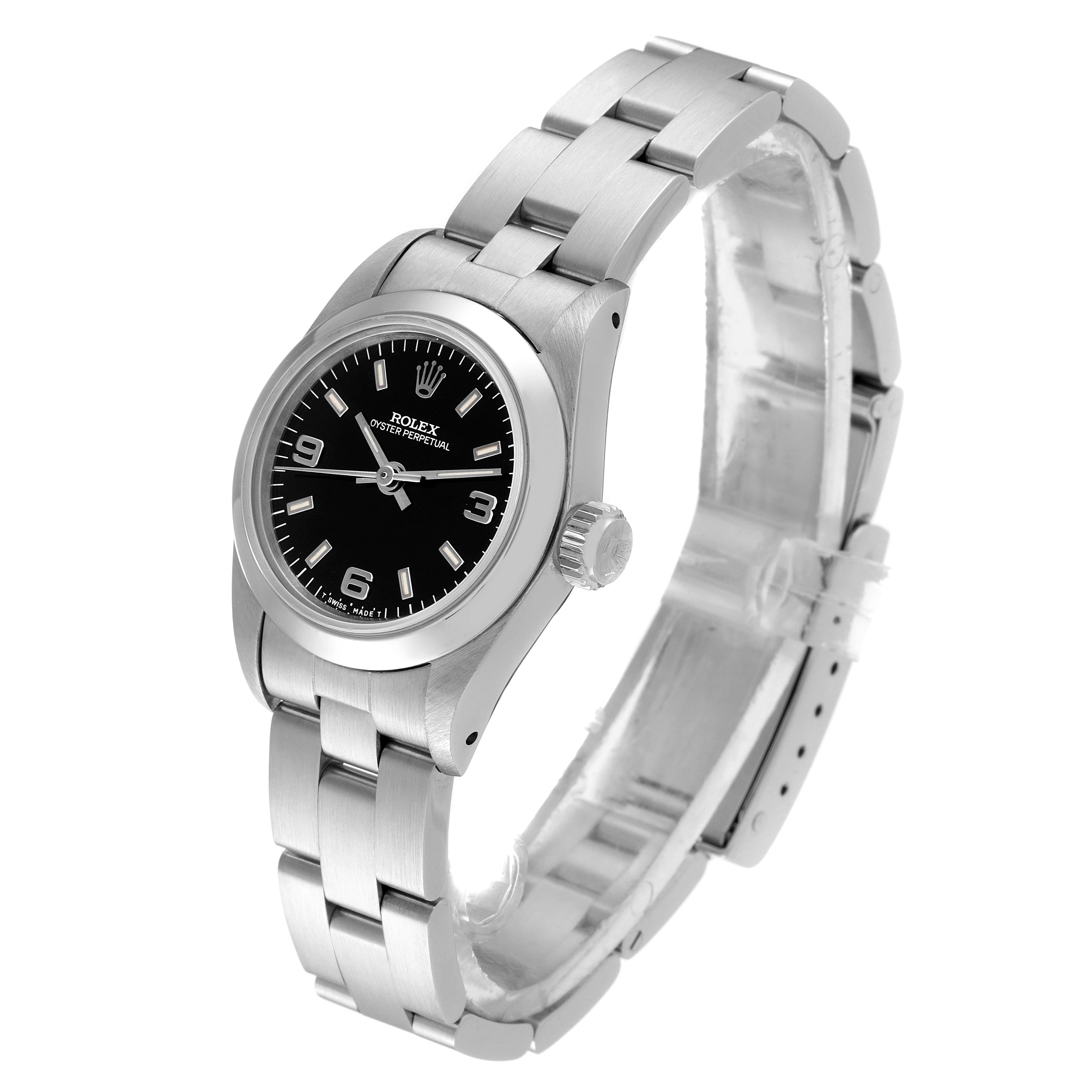 The image shows a Rolex Oyster Perpetual 67180 Women's Stainless Steel Black Dial 67180 Women's Stainless Steel Black Dial watch at a slight angle, featuring the watch face, bezel, crown, and stainless steel bracelet.
