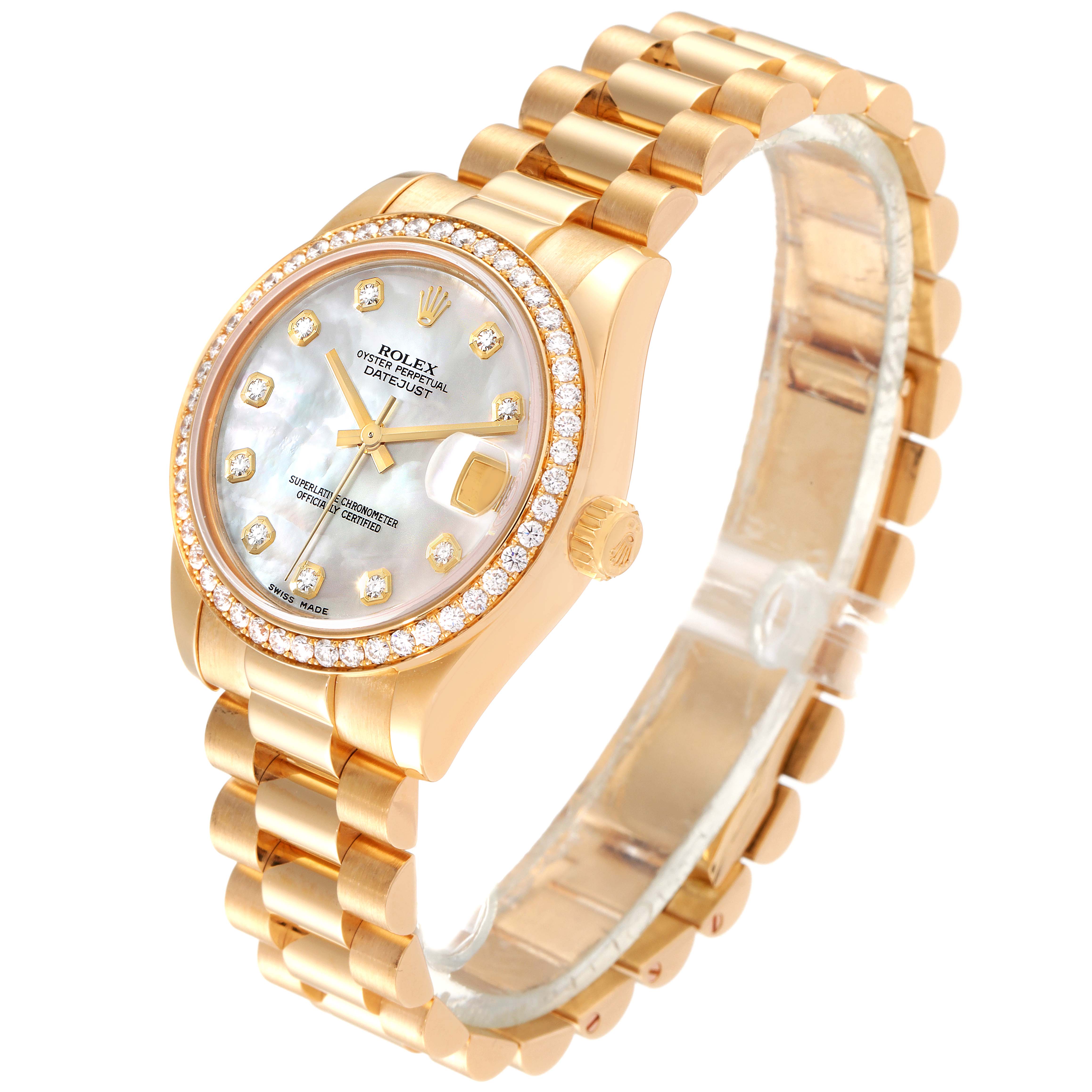 The image shows an angled view of a Rolex President 178288 Women
s Yellow Gold Mother of Pearl Dial 178288 Women
s Yellow Gold Mother of Pearl Dial model watch, highlighting its face, dial, bezel, crown, and bracelet.
